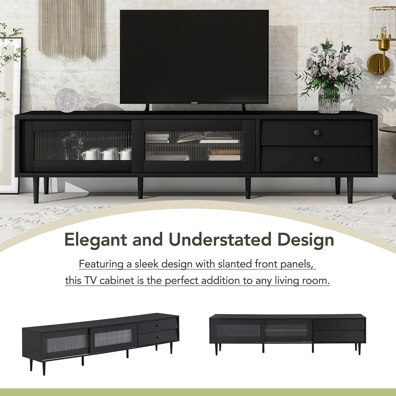 LUMISOL Moderno soporte de TV para TV de 75 pulgadas, consola de TV con puertas de vidrio estriado y cajones inclinados, gabinete multimedia