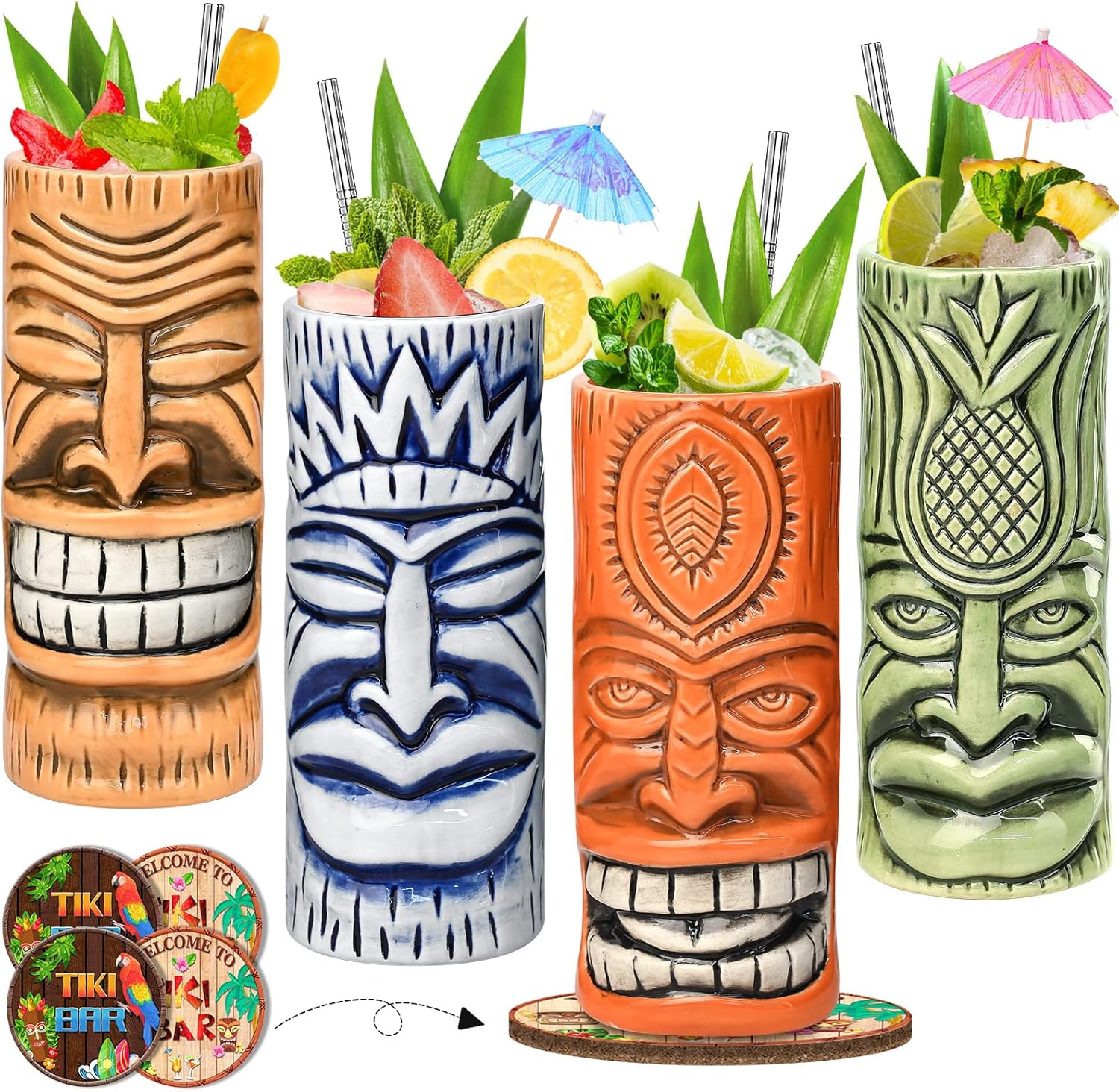 Tiki Mugs – Juego de 4 tazas de cóctel de cristal Tiki de cerámica, vasos de cóctel únicos, taza hawaiana profesional de bar y Halloween fiesta de