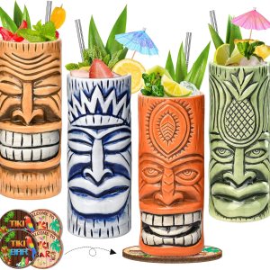Tiki Mugs – Juego de 4 tazas de cóctel de cristal Tiki de cerámica, vasos de cóctel únicos, taza hawaiana profesional de bar y Halloween fiesta de Tiki Mugs – Juego de 4 tazas de cóctel de cristal Tiki de cerámica, vasos de cóctel únicos, taza hawaiana profesional de bar y Halloween fiesta de