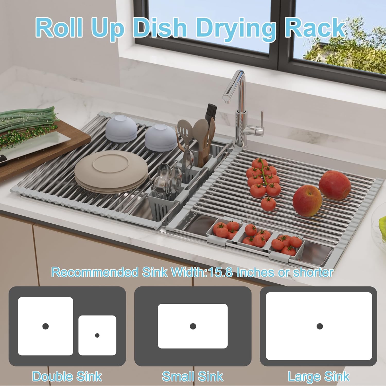 BBXTYLY Escurridor de platos enrollable con cesta de almacenamiento, cubierta para fregadero de cocina, escurridor de platos plegable, de acero