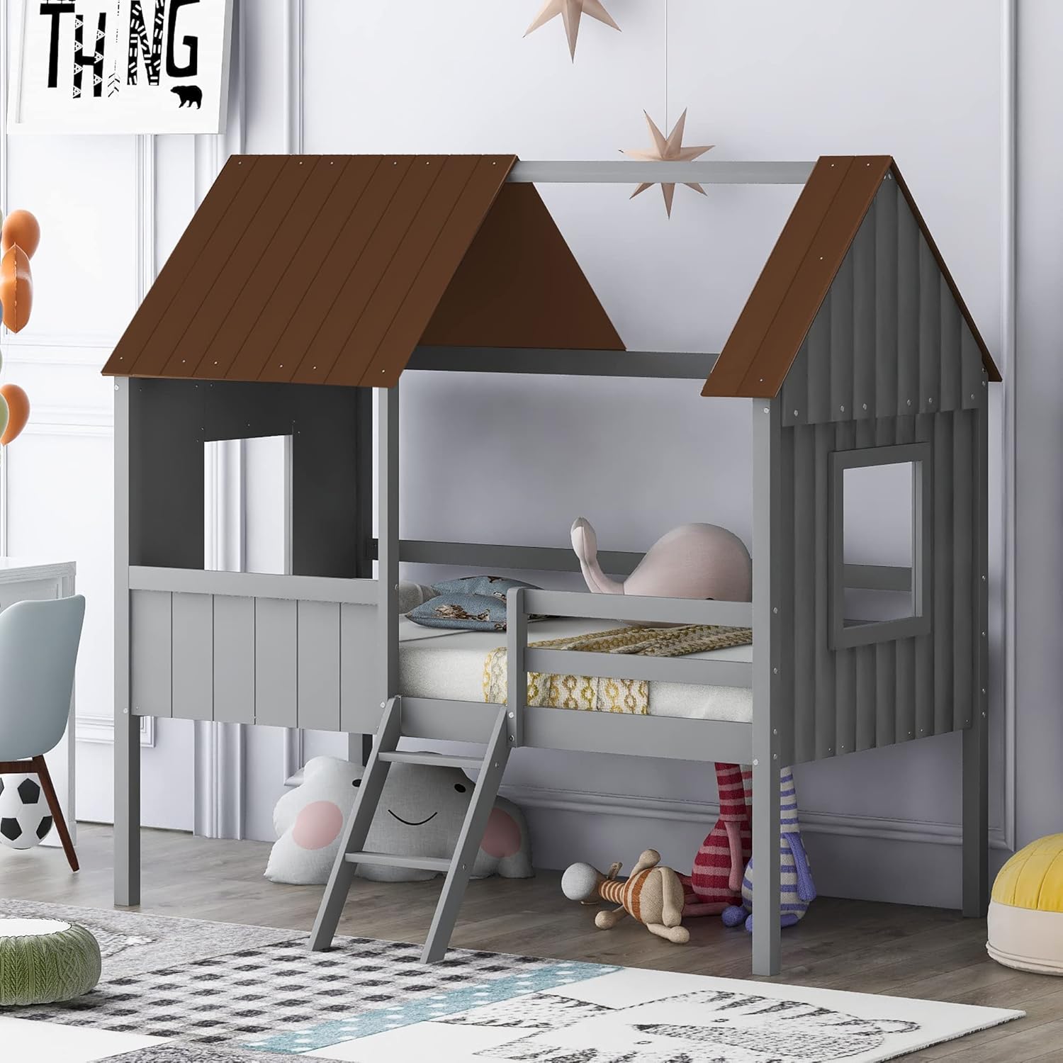 Cama individual para niños, marco de cama baja de madera con ventanas y techo, fácil montaje, para niñas y niños (gris + marrón)