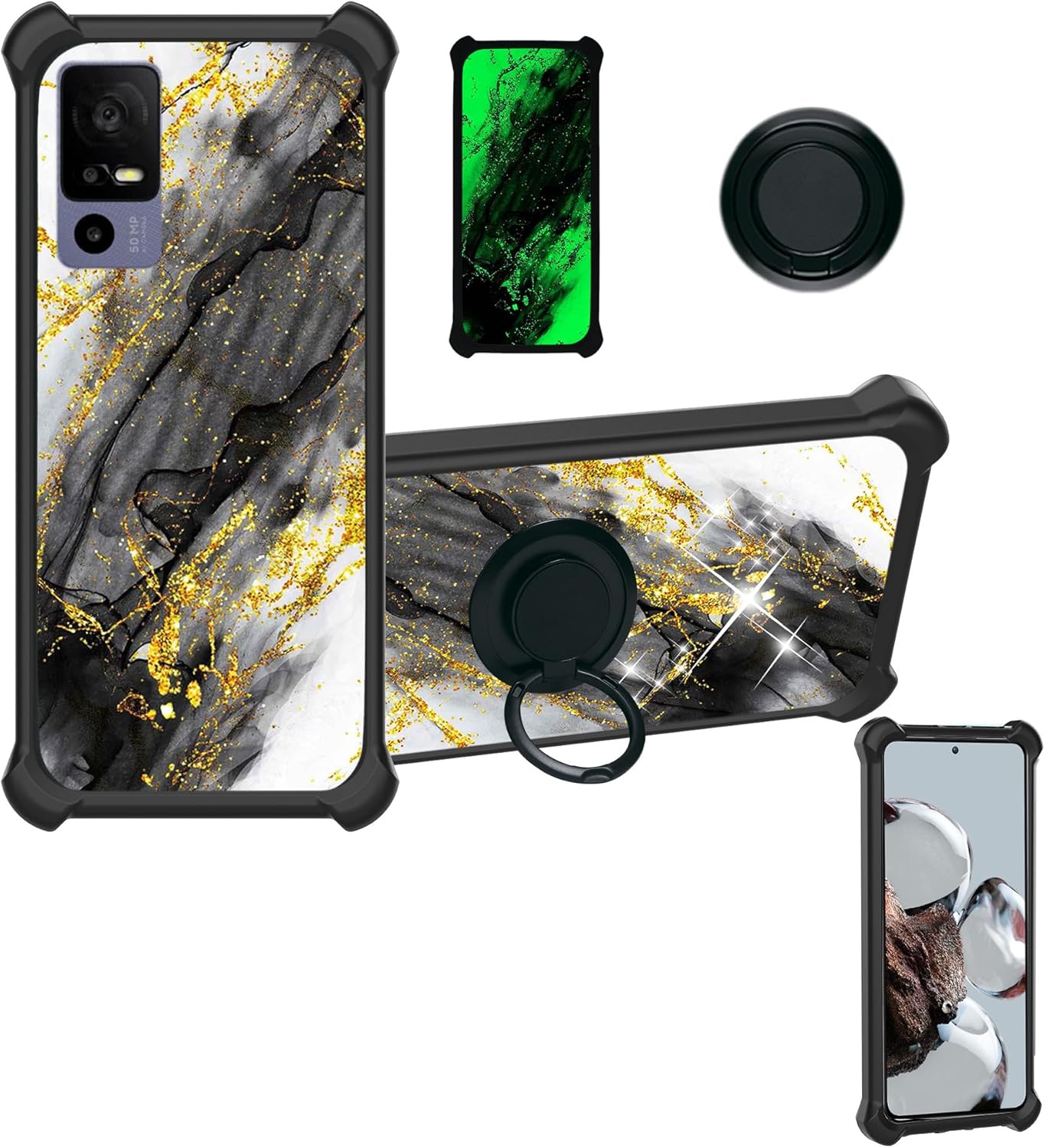 Aroepurt TCL 40 XL SE T – Funda compatible con TCL 40T para TCL 40XL, funda de PC + TPU 2 en 1, soporte de anillo, purpurina dorada y luminosa,