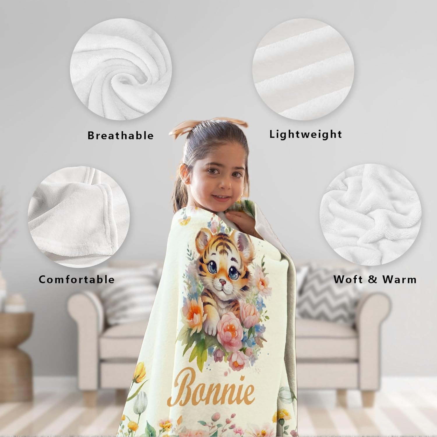 Buyyet Manta de bebé personalizada con nombre, manta de bebé de tigre personalizada para niñas y niños, regalo de Navidad, manta personalizada de