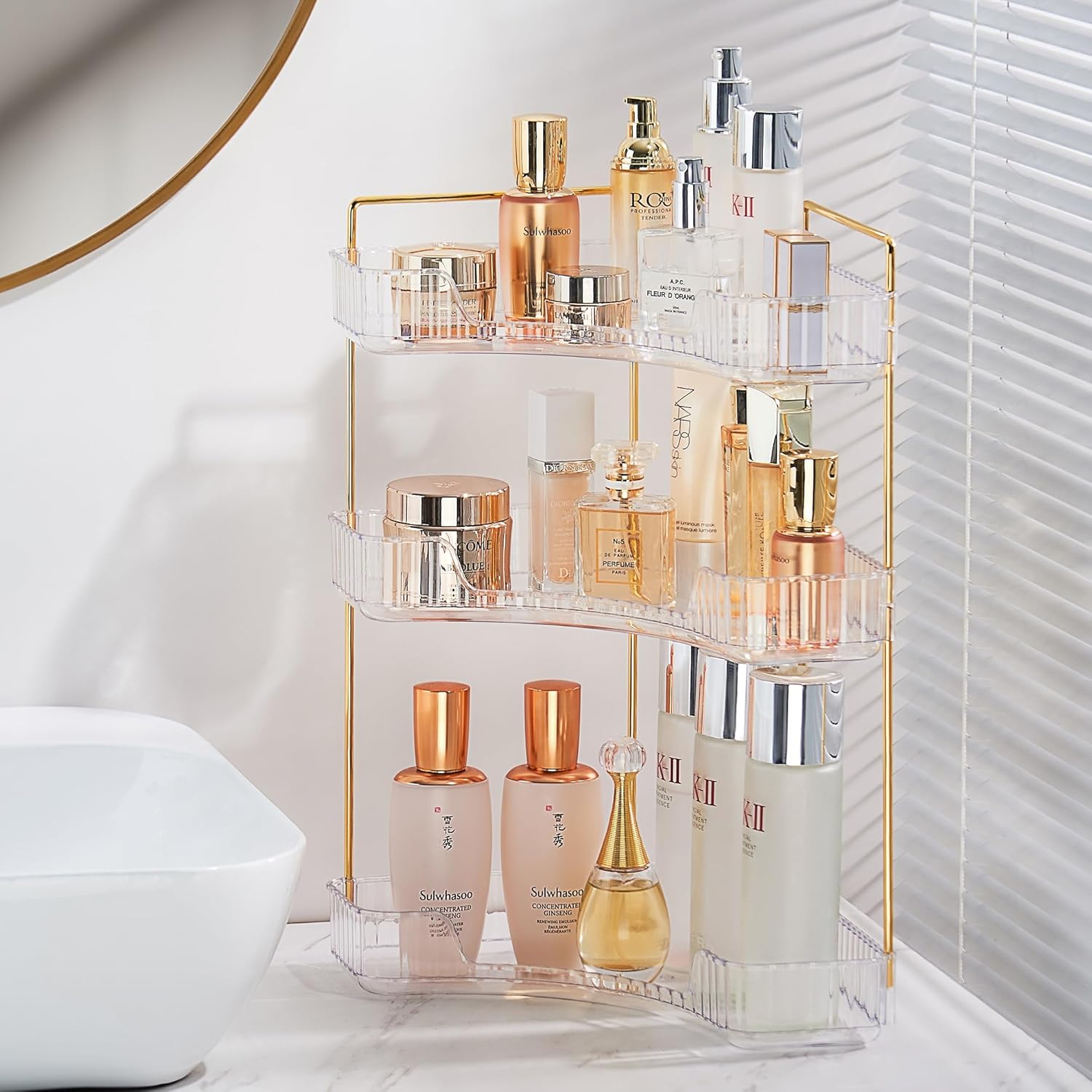 Organizador de maquillaje, organizador de esquina de 3 niveles, organizador de maquillaje acrílico de gran capacidad para tocador, cosméticos de