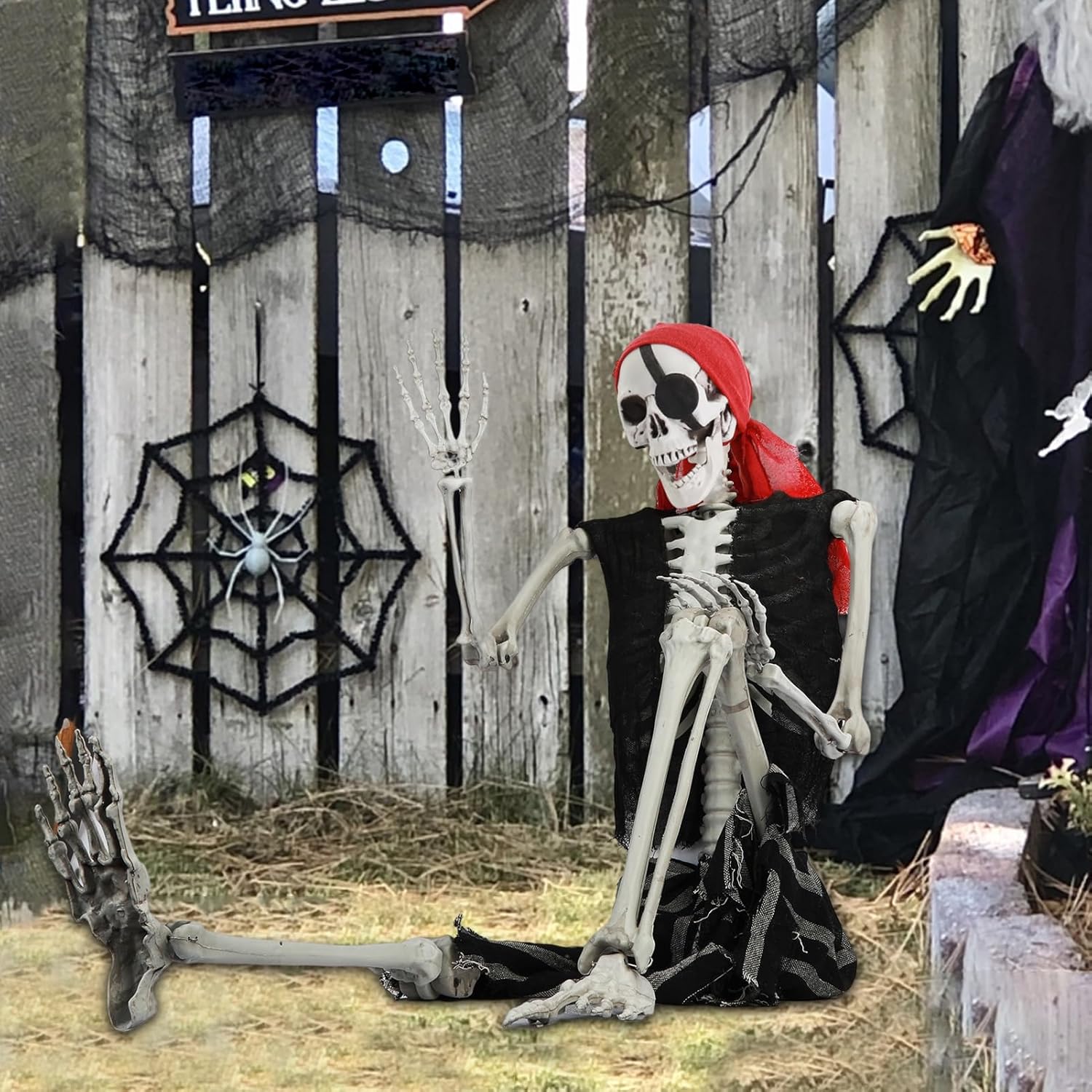 Esqueleto de tamaño real de Halloween, 65.0 in de estilo pirata, accesorios de esqueleto de imitación de 5.4 pies, modelo de esqueleto humano