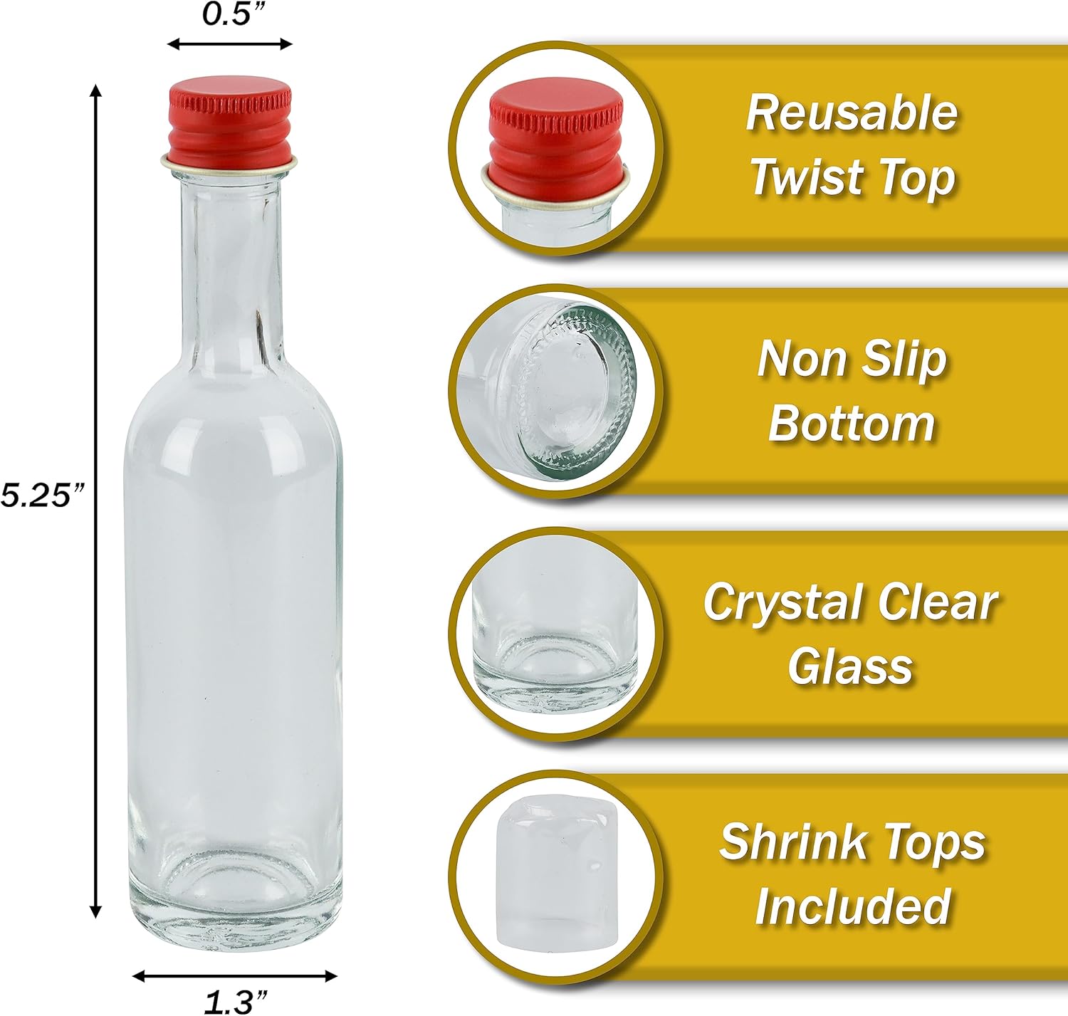 Mini botellas de vidrio de 1.7 fl oz con tapas de aluminio y termorretráctiles, paquete de 24 tapas rojas, para salsa de licor, bebidas, muestras de