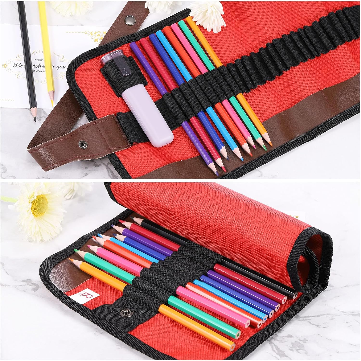 PATIKIL Estuche enrollable hecho a mano con 36 ranuras, estuche de tela Oxford para lápices, organizador para dibujar, colorear, bocetos, azul