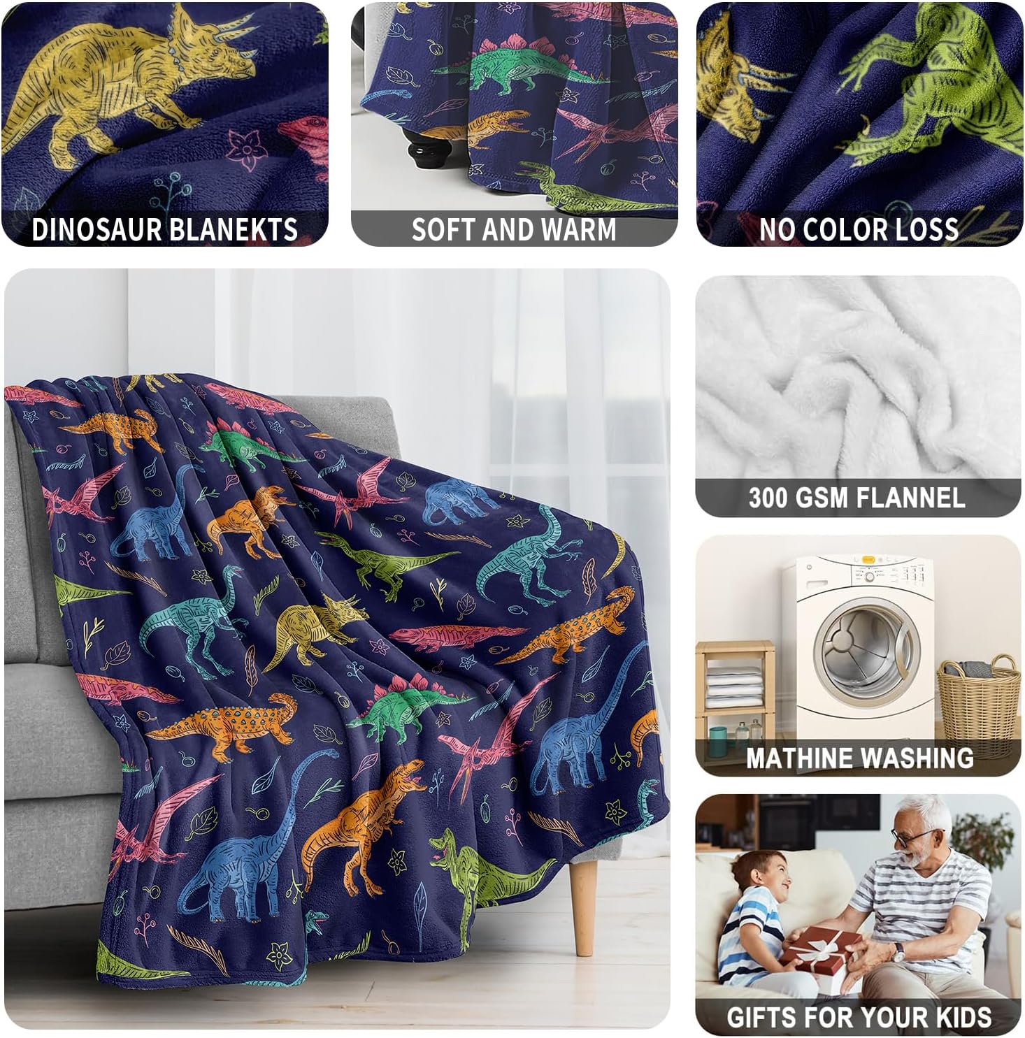 Manta de dinosaurio para niños y adultos, bonita manta de forro polar azul para niños pequeños y niñas, manta suave y cálida de dinosaurio jurásico