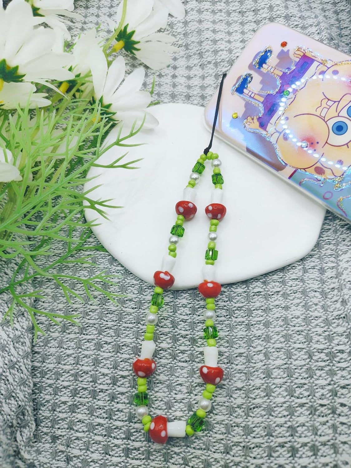 1-2 piezas de cordón con cuentas de hongos rojosverdes para teléfono, accesorios estéticos, correa de muñeca dulce, cadena antipérdida para mujeres