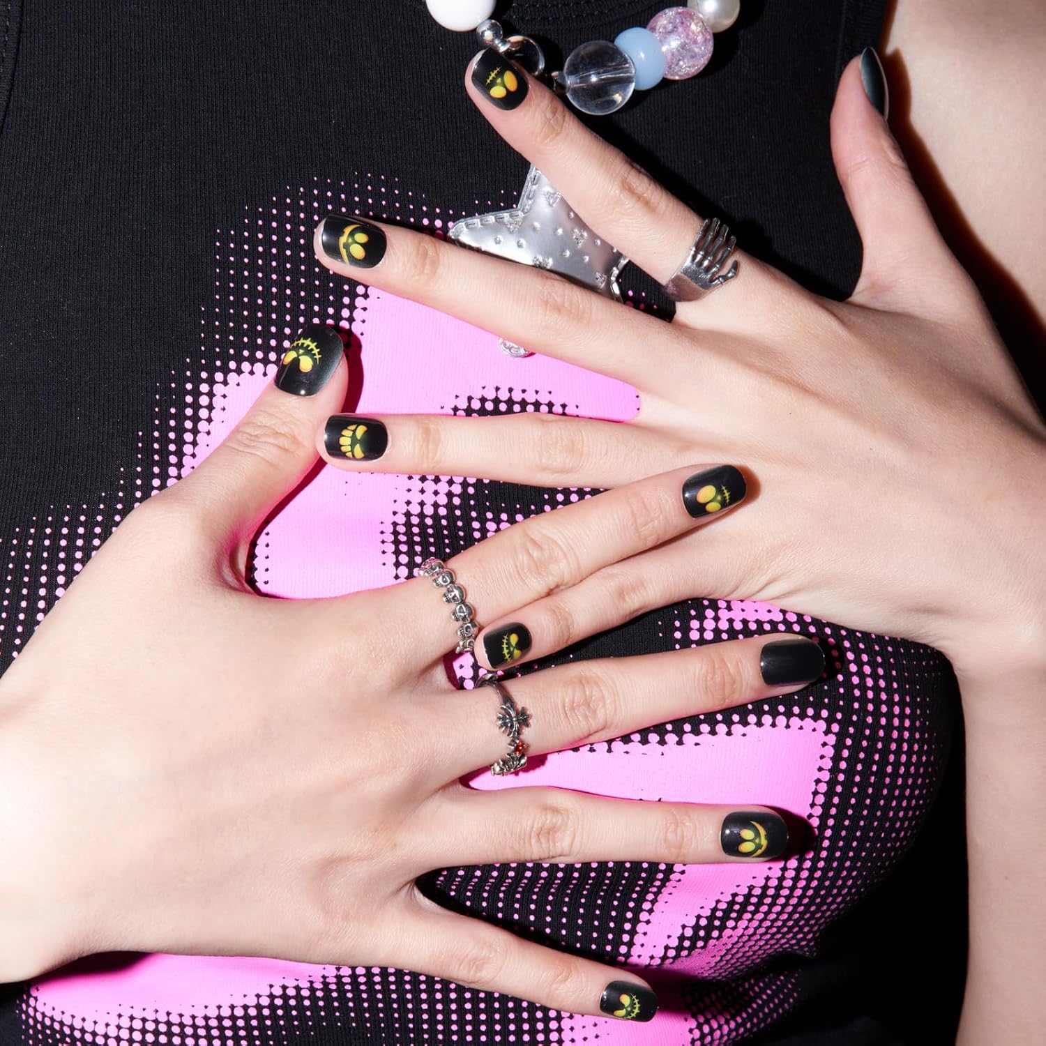 Uñas postizas a presión de Halloween, extra cortas, con pegamento de GLAMERMAID Gothic Black Jack o ‘Lantern, 24 unidades, redondas, reutilizables,