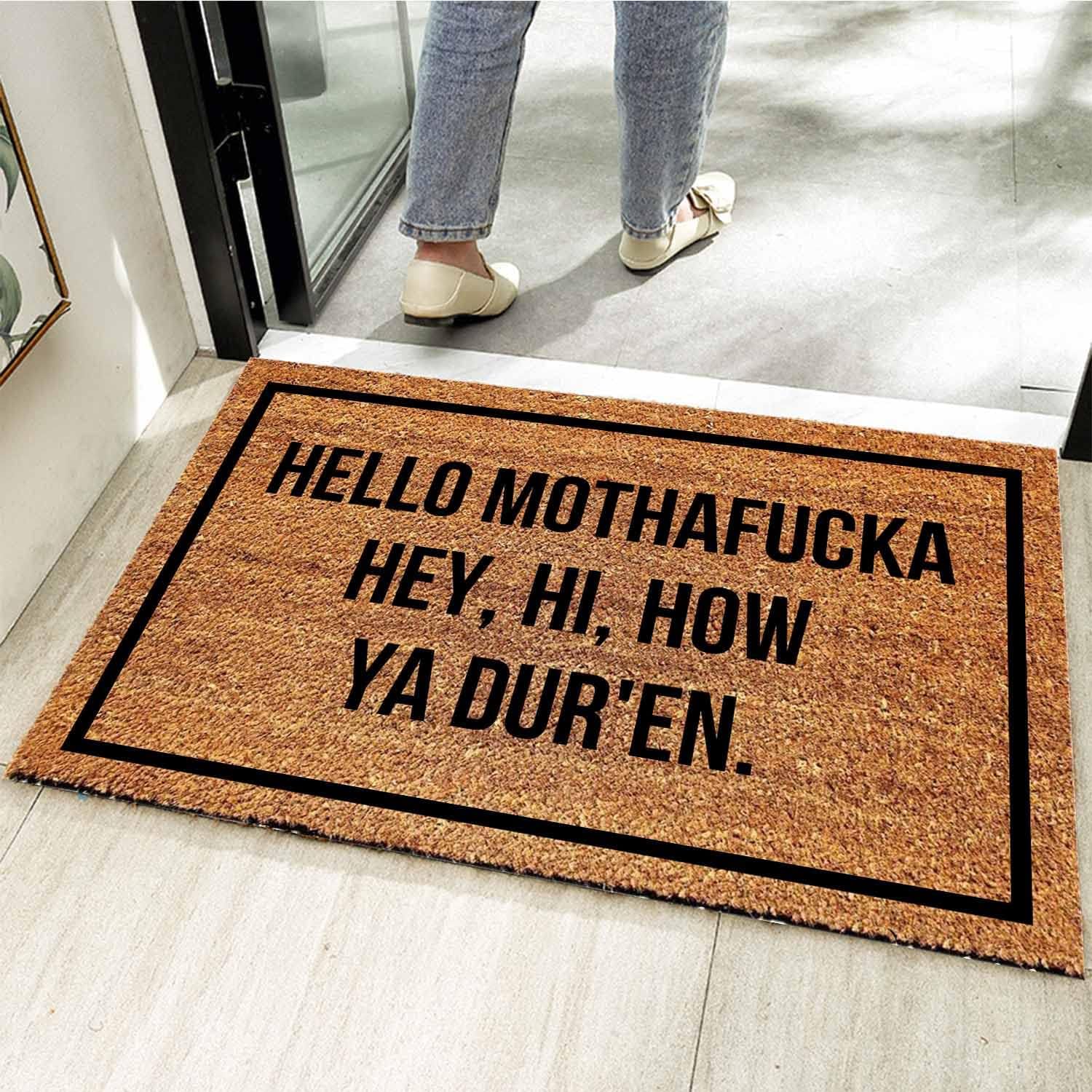 Tapete divertido de fibra de coco con texto en inglés Hello Mothafucka Hey Welcome para la entrada, tapete personalizado con respaldo de PVC