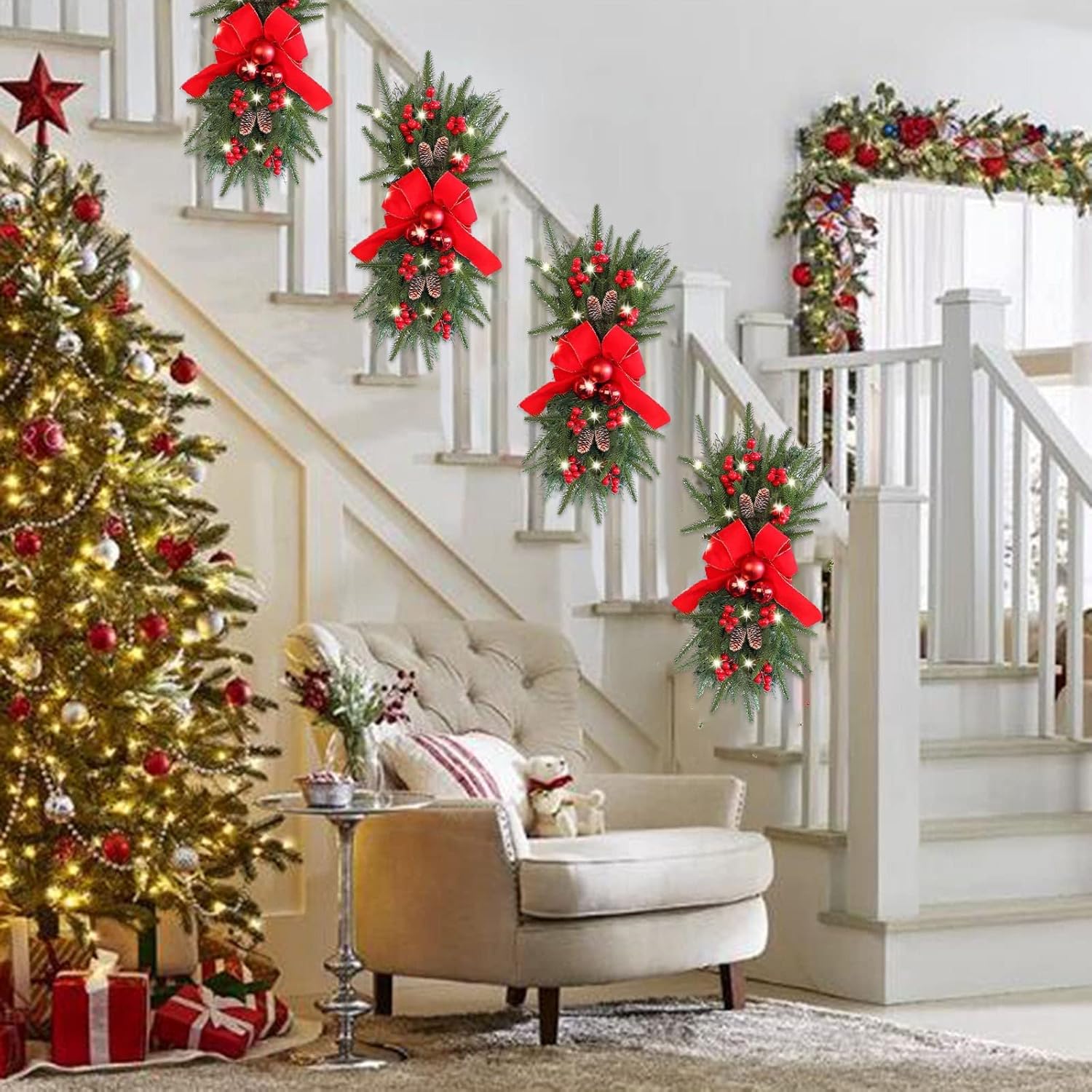 Guirnalda de escaleras de Navidad preiluminada, guirnalda de Navidad, el borde de escalera preiluminado inalámbrico, coronas de Navidad para puerta