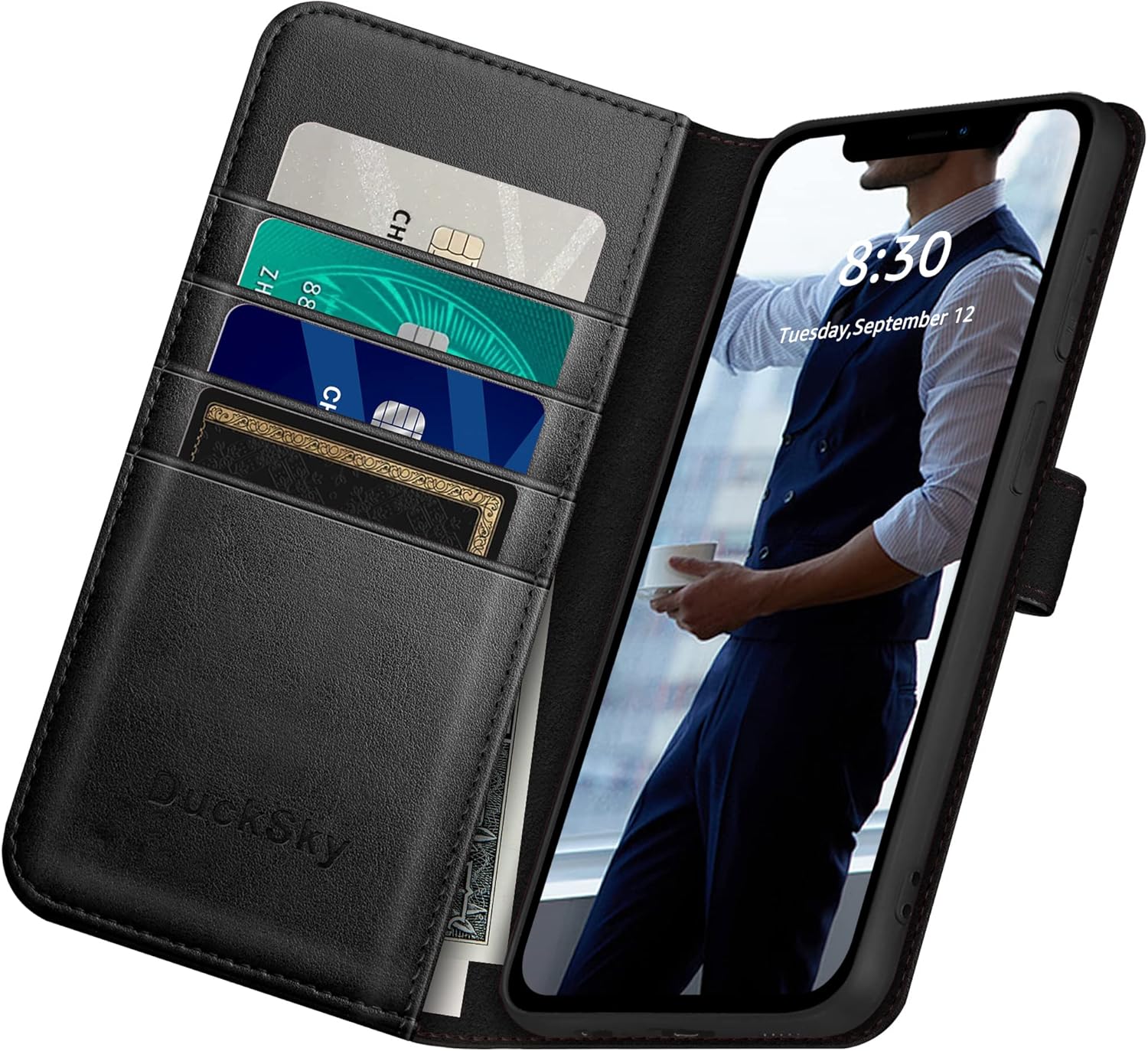 DuckSky Funda tipo cartera de piel auténtica para iPhone 11 con bloqueo RFID, 4 tarjeteros de crédito. Cuero auténtico. Funda protectora para iPhone