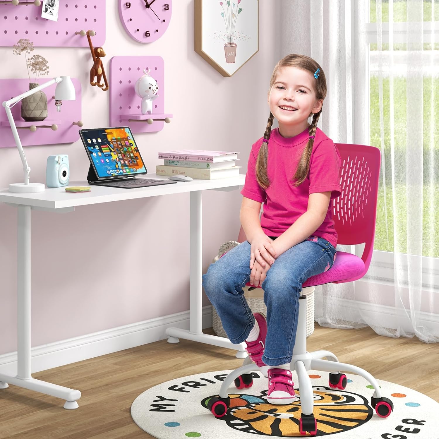 Giantex Silla de escritorio para niños, silla de estudio ajustable para niños, silla giratoria de malla sin brazos, silla de estudiante, silla de