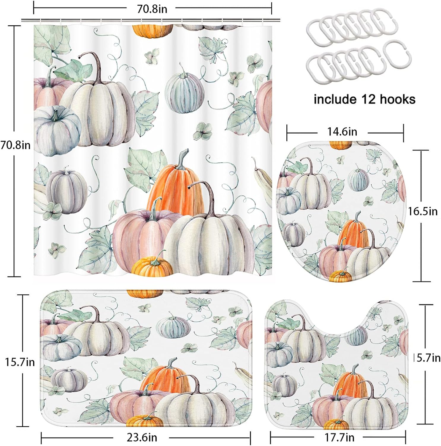 ArtSocket Juego de 4 cortinas de ducha con diseño de calabazas de acuarela con texto en inglés “It’s Thanksgiving Halloween” Receta de otoño con