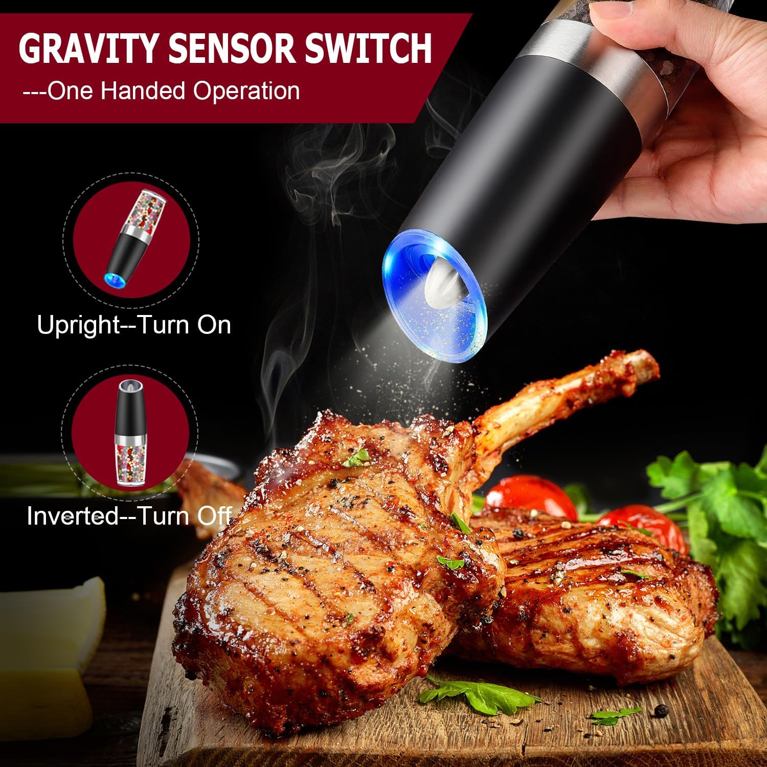 Gravity – Juego de molinillo eléctrico de pimienta y sal, grosor ajustable, con luz LED, operación automática con una mano, acero inoxidable negro,