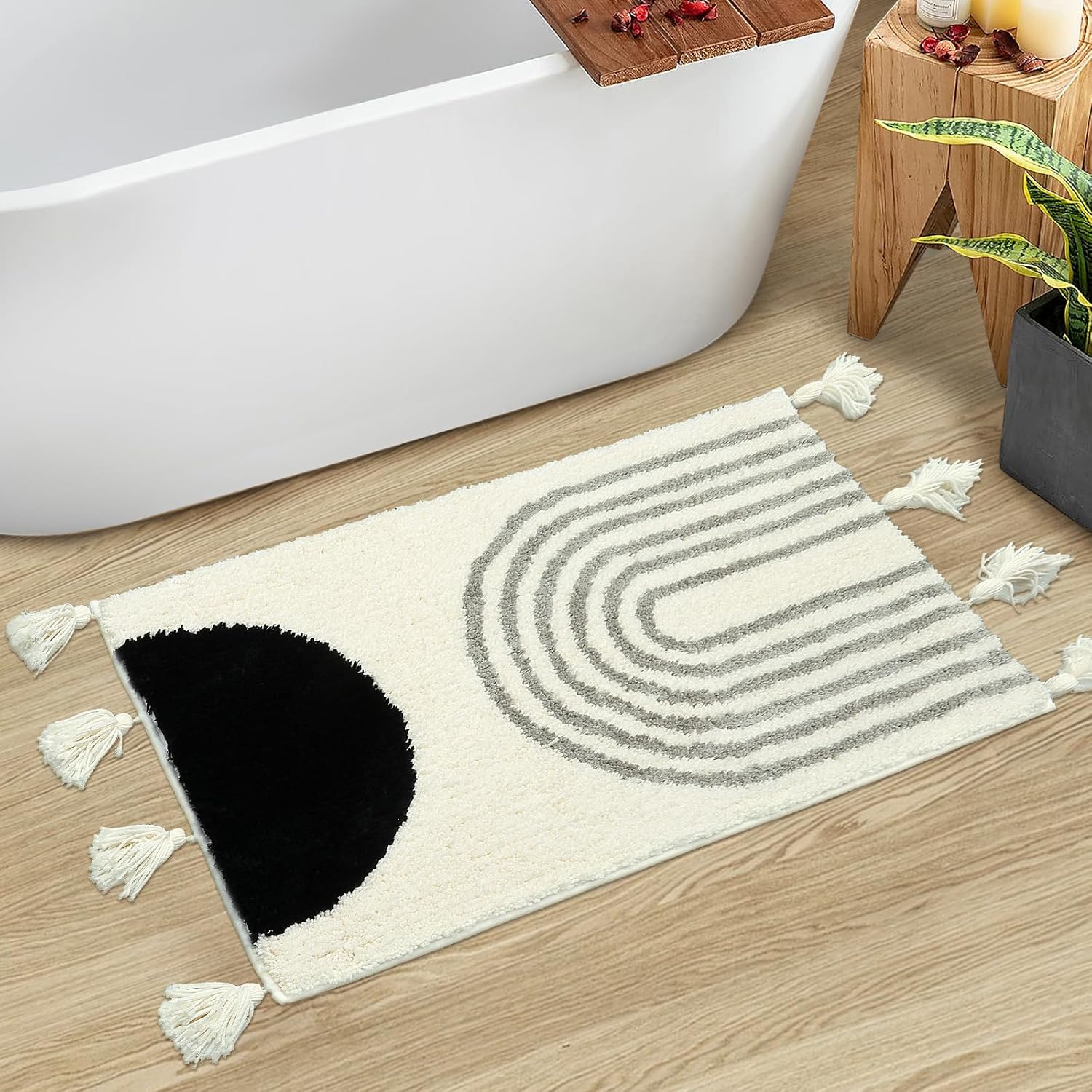 Seavish Tapetes de baño antideslizantes de 20 x 32 pulgadas, pequeño, color negro, con borlas, alfombra de baño bohemia para casa de campo, lavable,