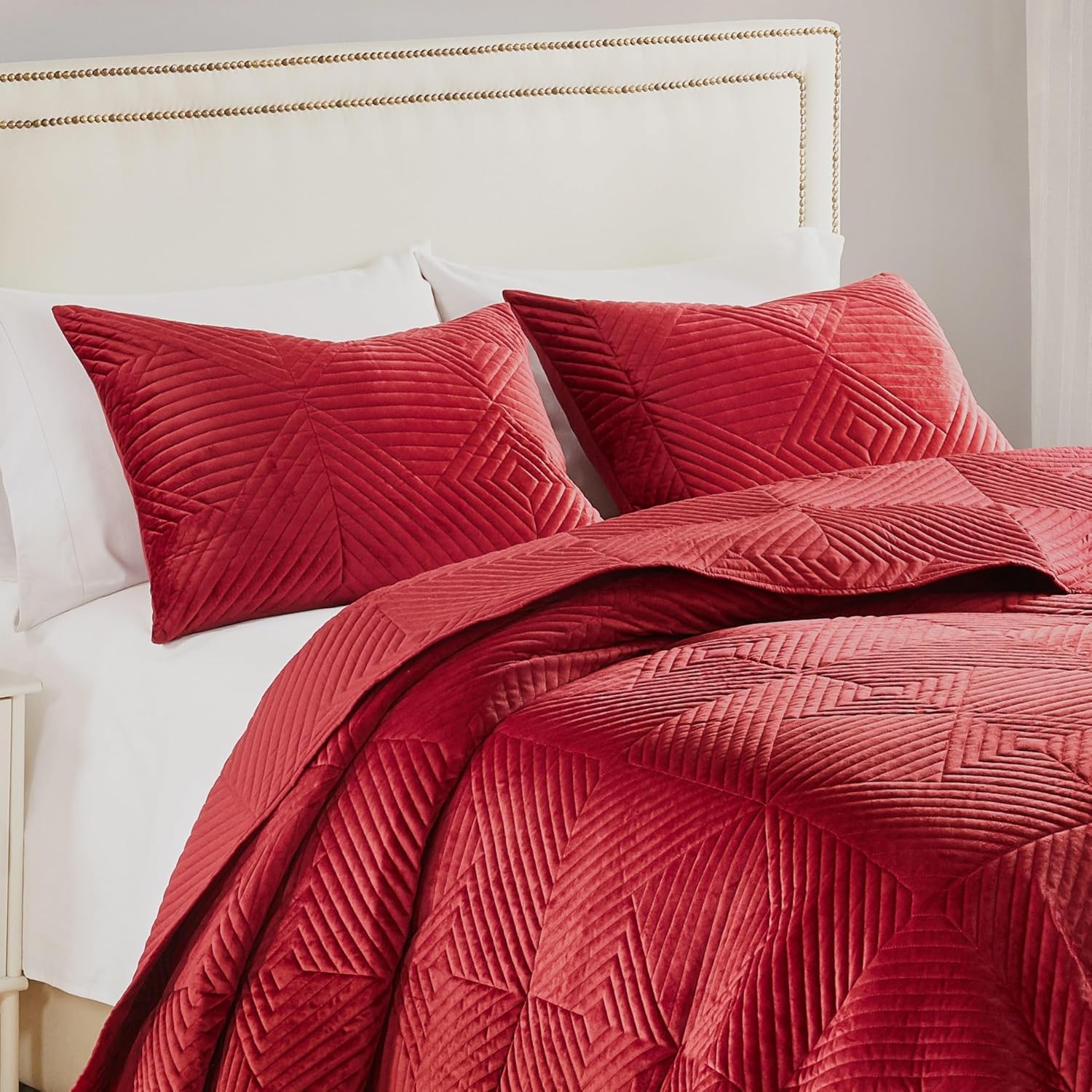 Riviera – Juego de edredón y fundas de almohada de terciopelo, 3 piezas, KingCal King, color rojo