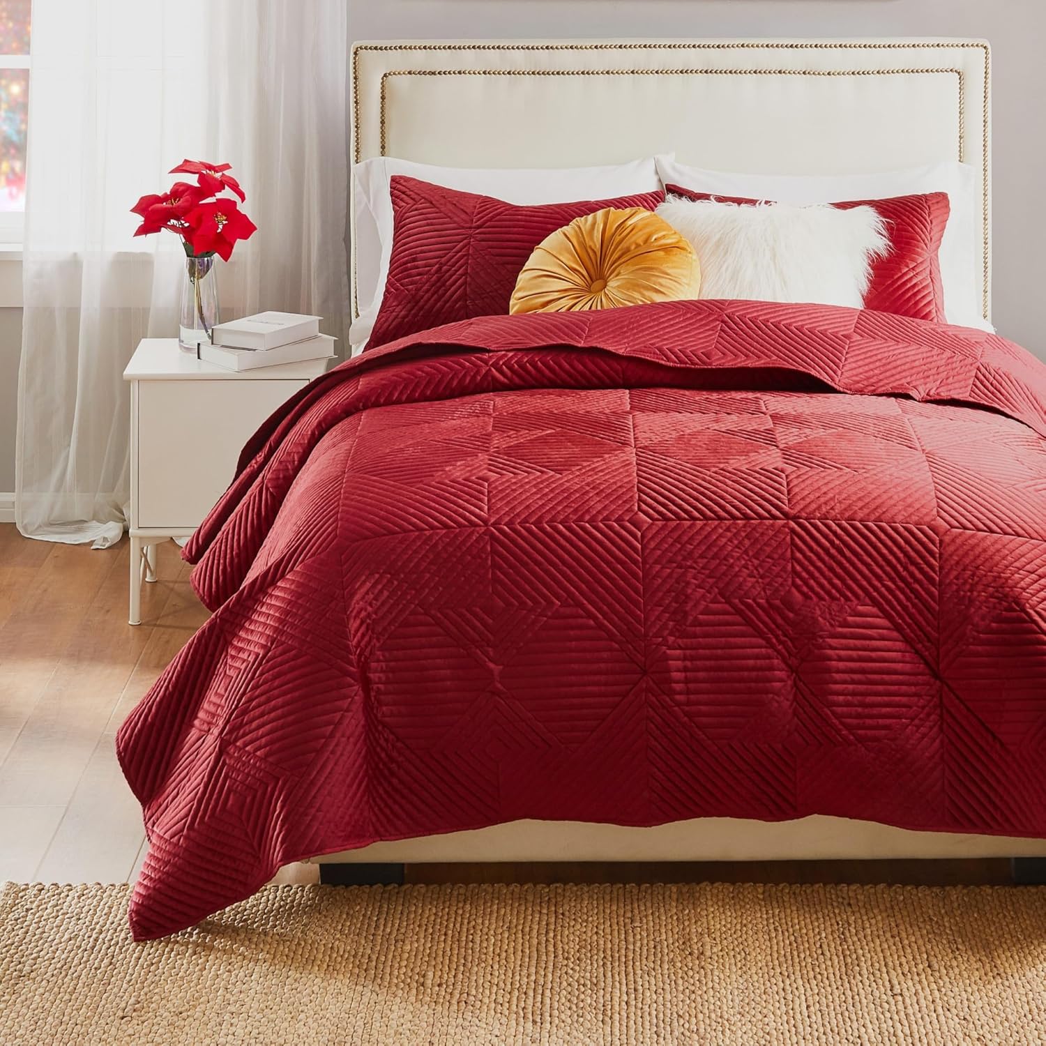 Riviera – Juego de edredón y fundas de almohada de terciopelo, 3 piezas, KingCal King, color rojo