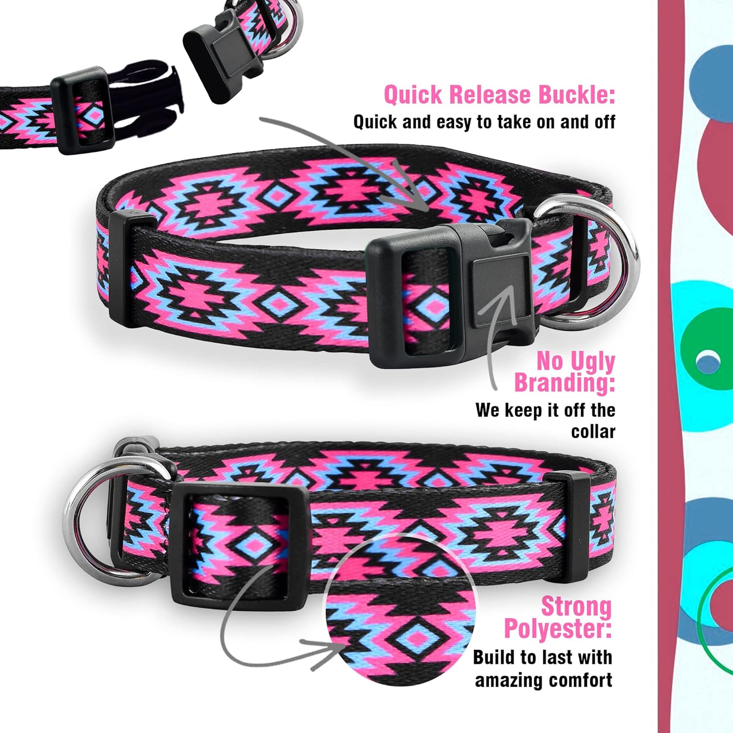 Native Pup Collar de perro occidental, bonito diseño azteca tribal, macho y hembra (L, rosa)