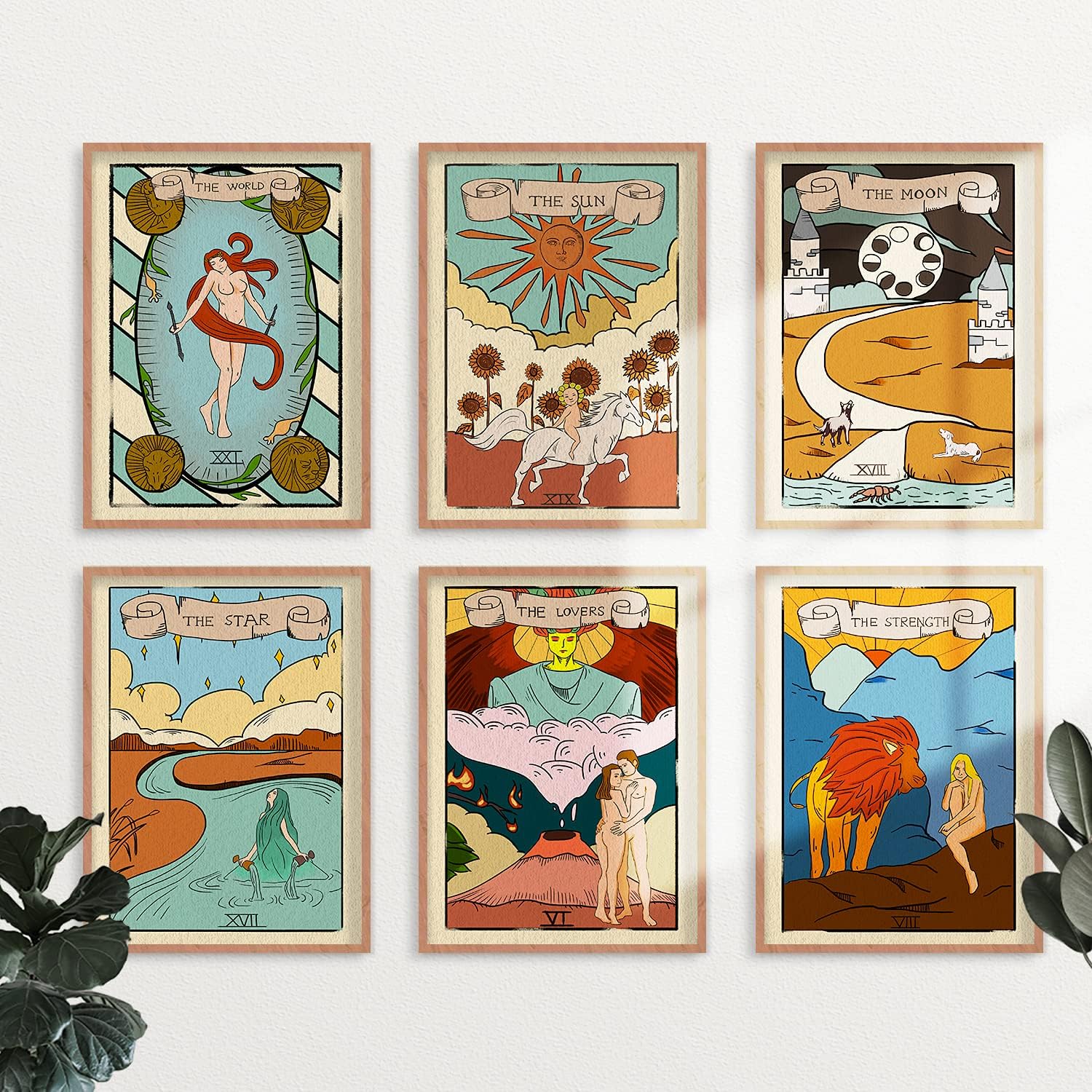 YUMKNOW Decoración bohemia hippie para habitación, juego de 6 tarjetas de tarot sin marco de 8 x 10 pulgadas, bonitas cartas de tarot impresas para