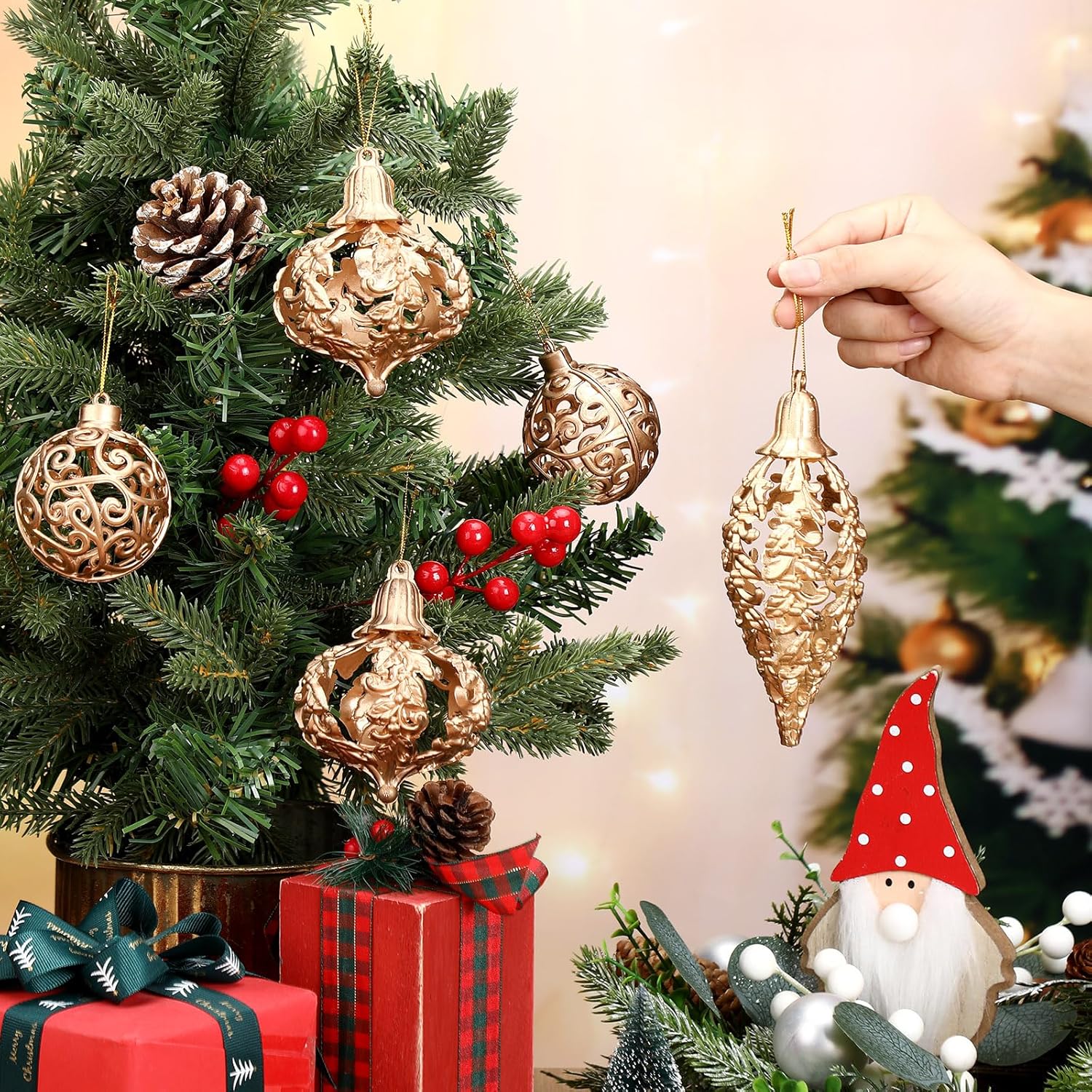 Shappy 6 adornos de bola de Navidad dorados de Navidad de 235 pulgadas, colgante de diamante, adorno de árbol de Navidad, decoraciones de Navidad