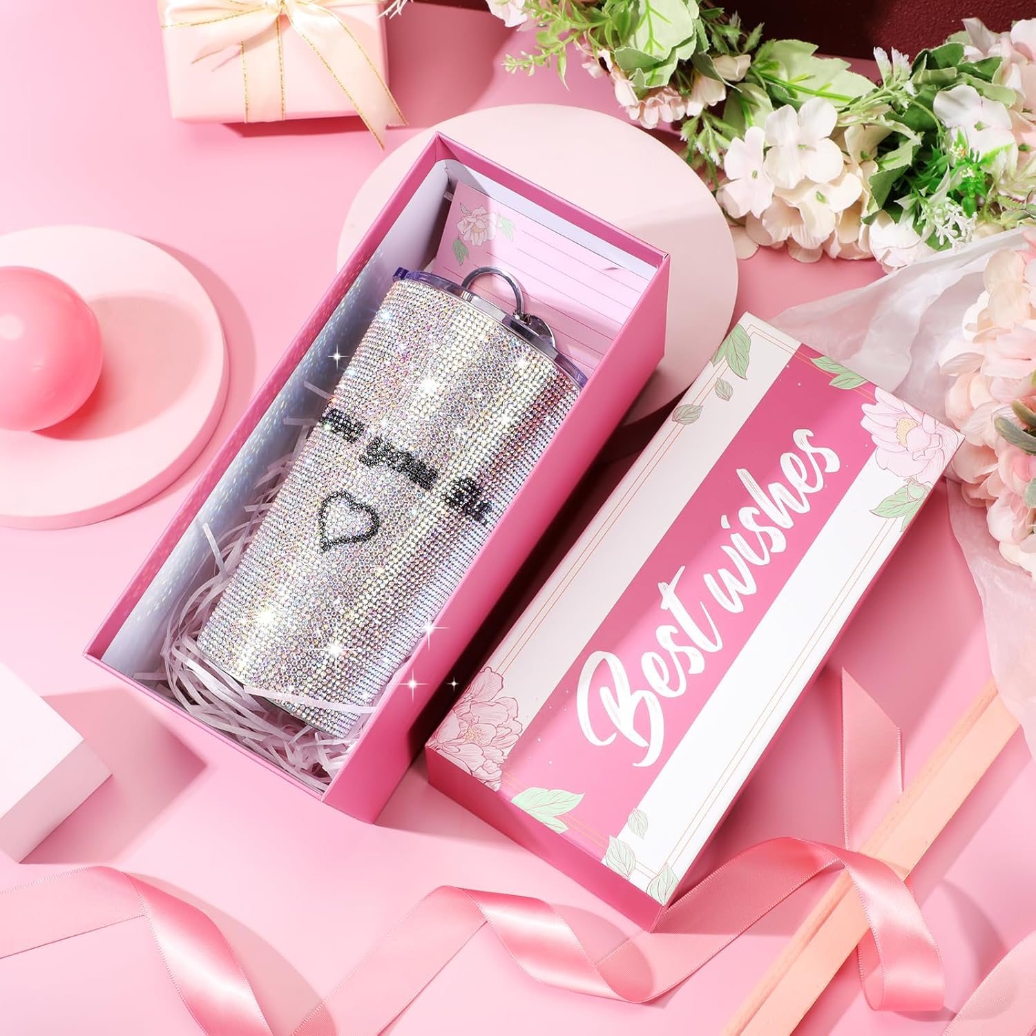 2 piezas de regalos de agradecimiento para mujeres, vaso de diamantes de imitación de 17 onzas con tapa, cepillo para pajilla, vaso de acero