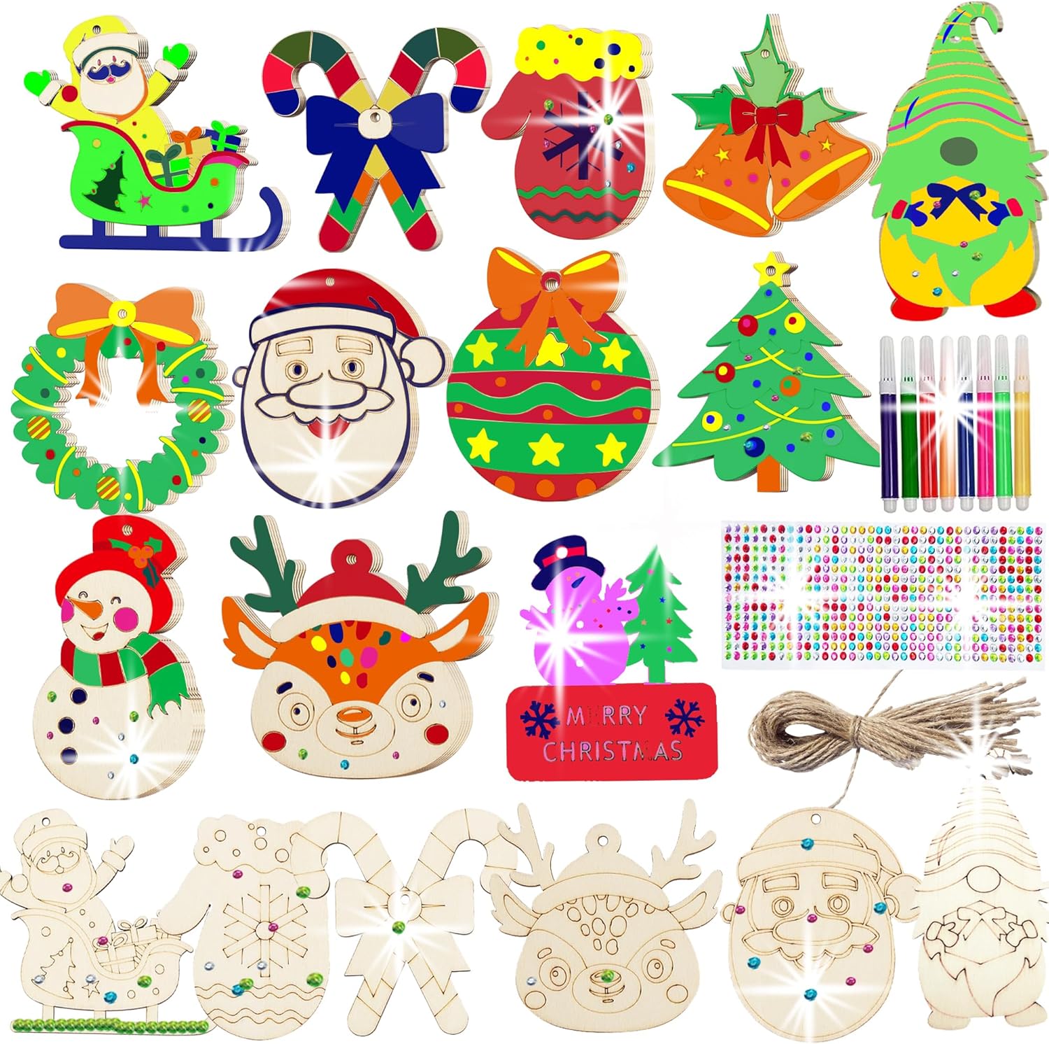 Aodmti 60 piezas de adornos de madera de Navidad sin terminar para pintar, adornos de Navidad de madera con 12 estilos, copos de nieve de bricolaje,