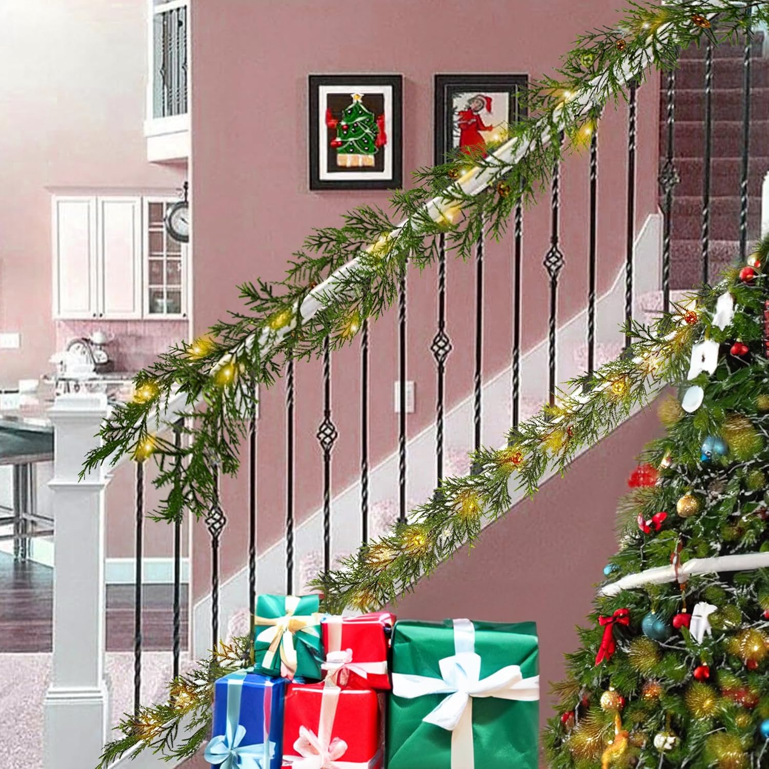 Guirnalda de Navidad artificial de 6 pies, guirnalda de abeto sintético de hoja perenne con 20 luces LED, adornos de bolas de oro rojo y estrellas,