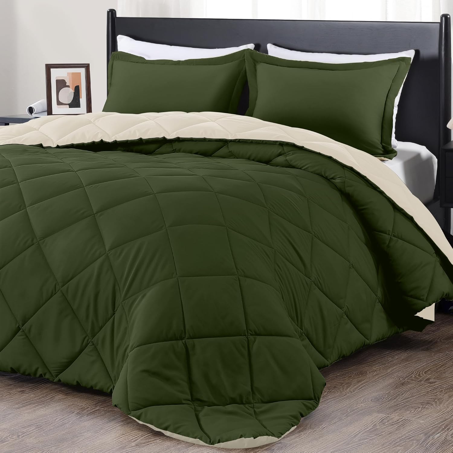 downluxe Juego de edredón ligero (individual) con 1 funda de almohada, juego de 2 piezas, color verde liquen y blanco, edredón reversible