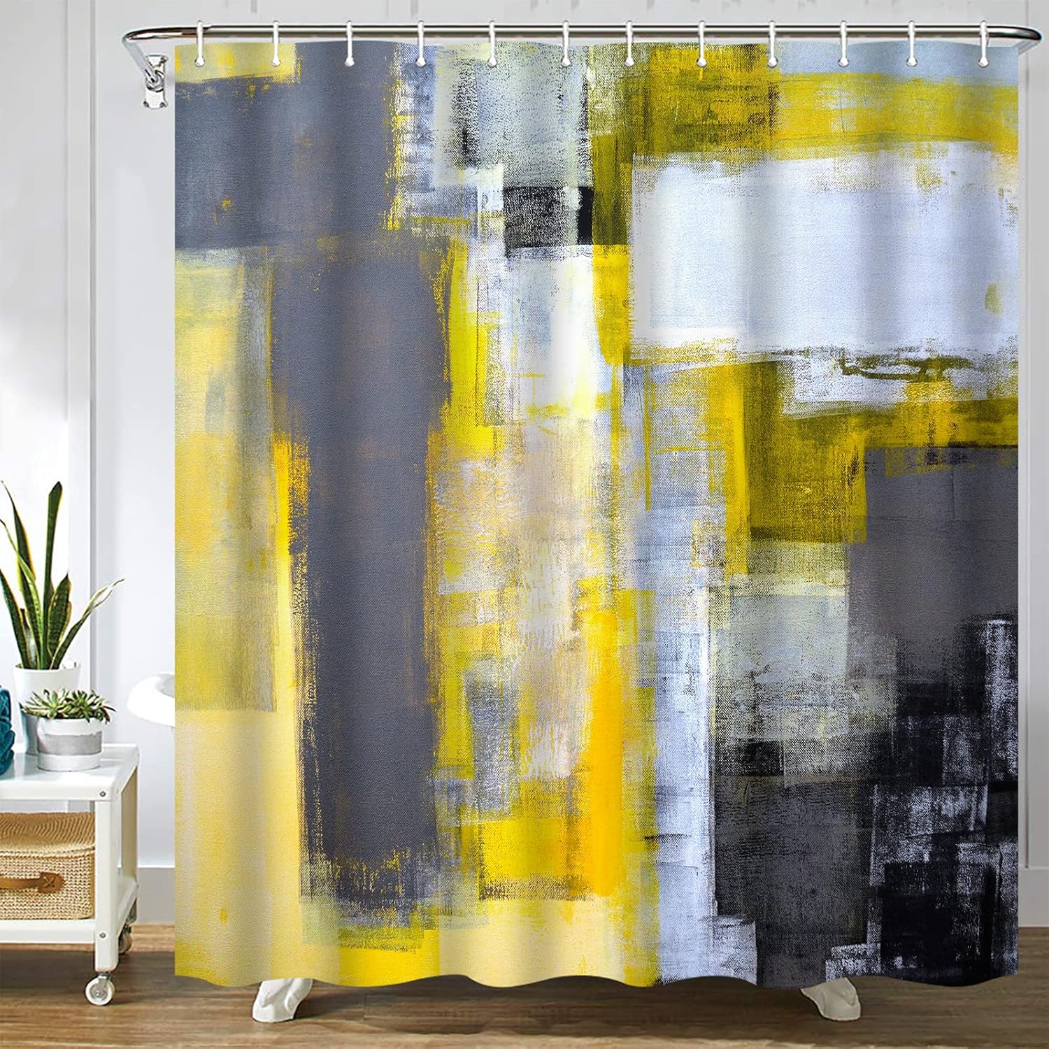 Cortina de ducha amarilla y gris, diseño de pintura de arte abstracto, patrón de marcas de pincel moderno, decoración de baño, juego de cortina de