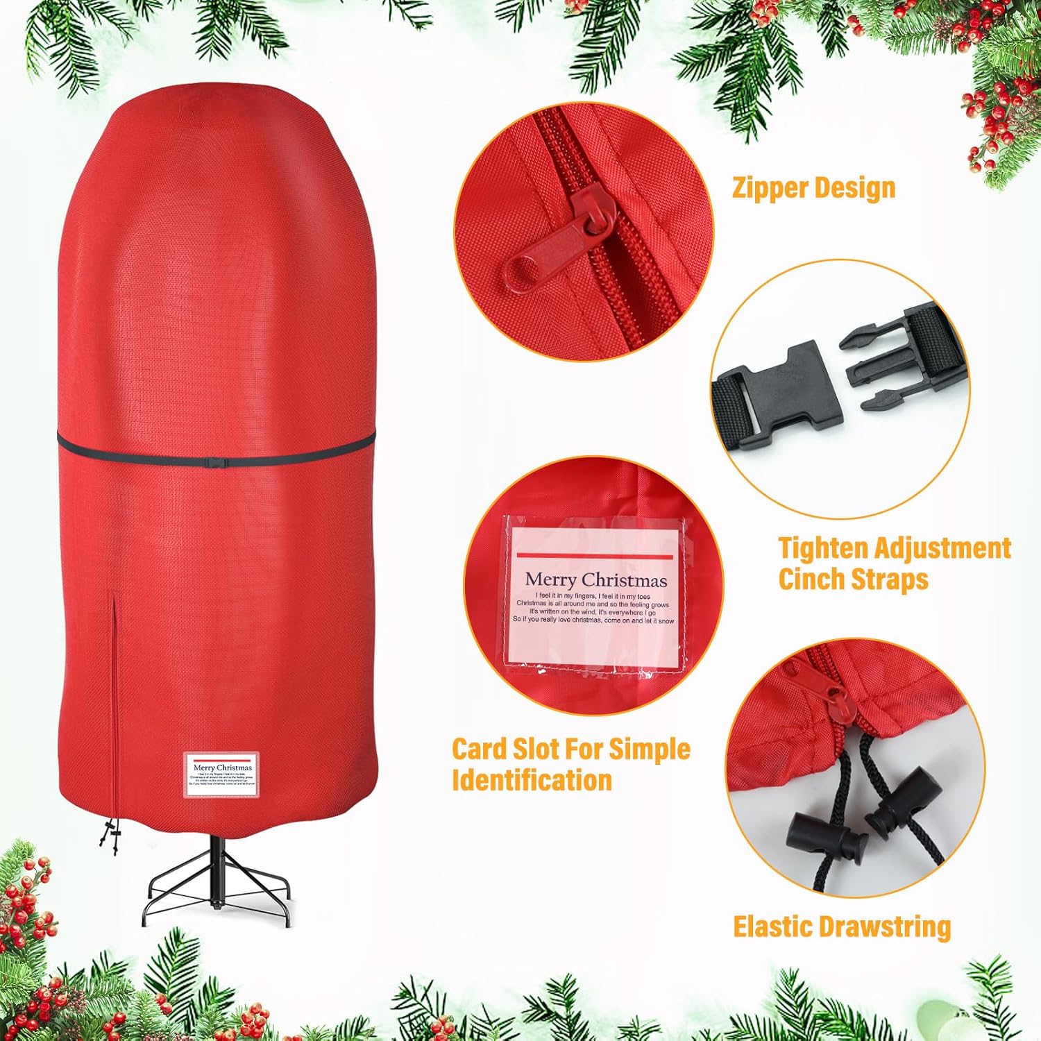 Riuog Bolsa de almacenamiento vertical para árbol de Navidad, resistente a desgarros, ajustable, para árboles montados de 7.5 pies (rojo)