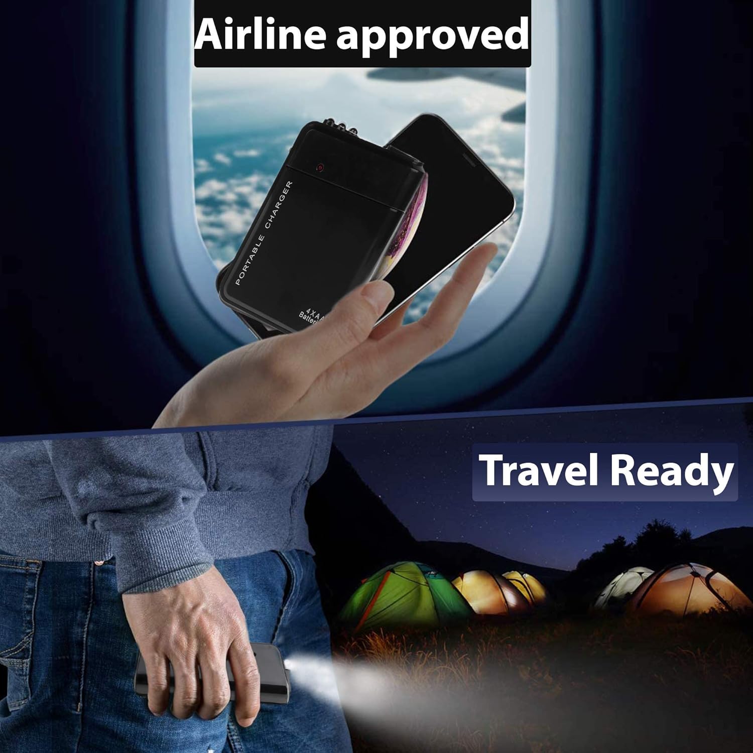 El cargador de viaje de batería AA portátil funciona para Samsung Galaxy S20+ 5G y recargador de emergencia con luz LED. Toma 2 pilas AA, USB-C)
