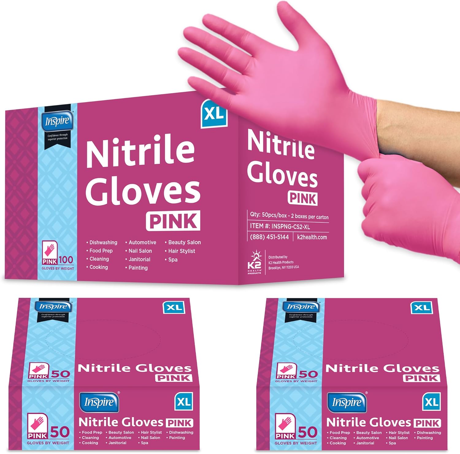 Inspire Guantes desechables sin látex  Guantes de nitrilo rosa para peluquería y uñas, guantes desechables de nitrilo esteticista