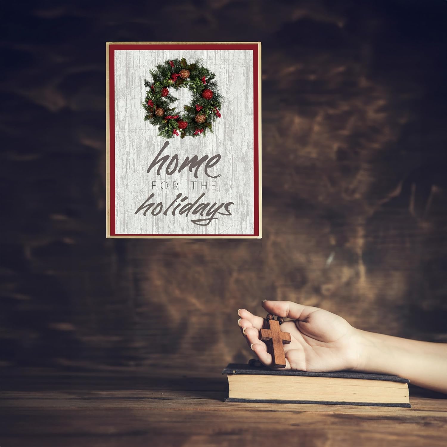 Home for the Holidays – Holiday Wall Art, This Inspirational Christian Wall Art Aesthetic Print wReplica Wood Design Is Perfect For Home Decor,