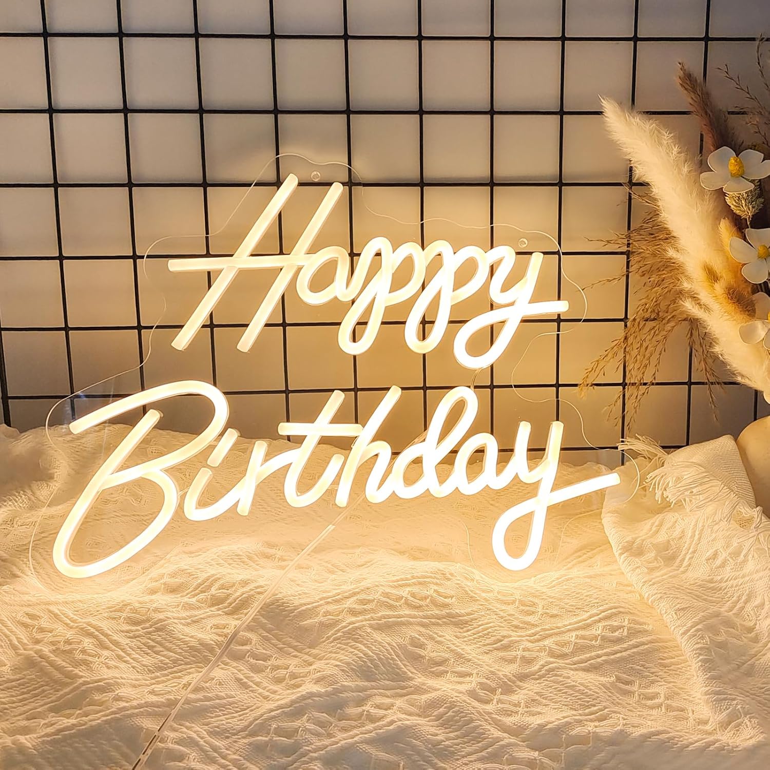 Letrero de neón con texto en inglés Happy Birthday, Happy Birthday de neón con texto en inglés Happy Birthday para telón de fondo, decoración de