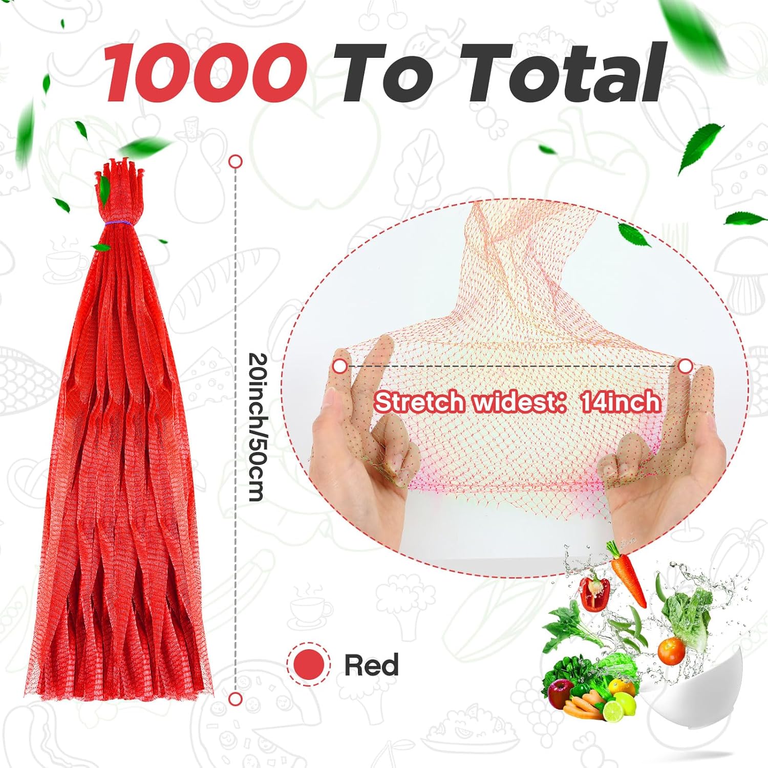 1000 mallas reutilizables de nailon a granel, se adapta a almacenamiento de huevos, verduras, mariscos, frutas, bolsas de comestibles (rojo, 20