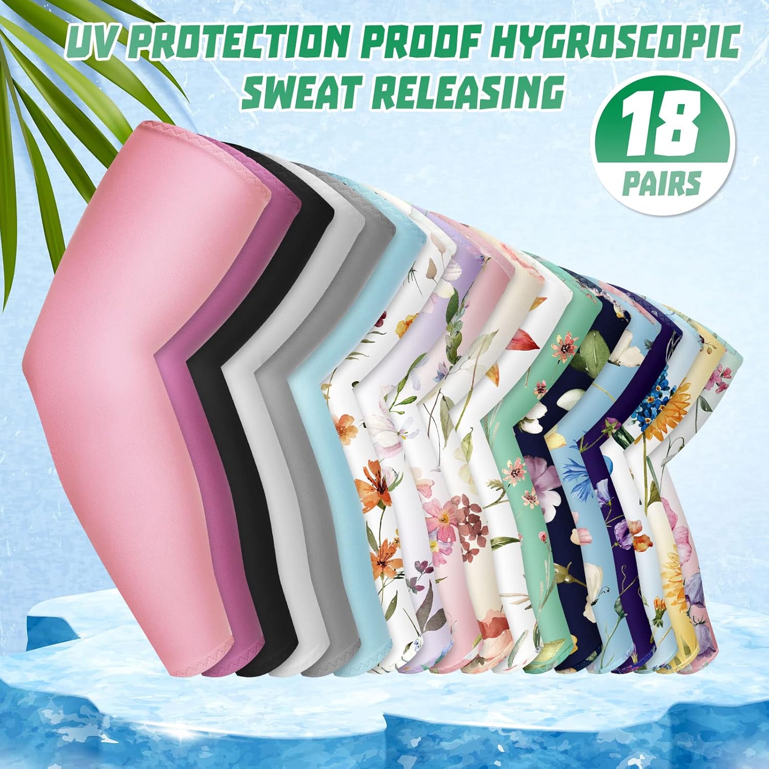 18 pares de mangas de brazo de jardinería con protección solar UV para mujeres y hombres, patrón de flores, mangas de enfriamiento de color sólido,