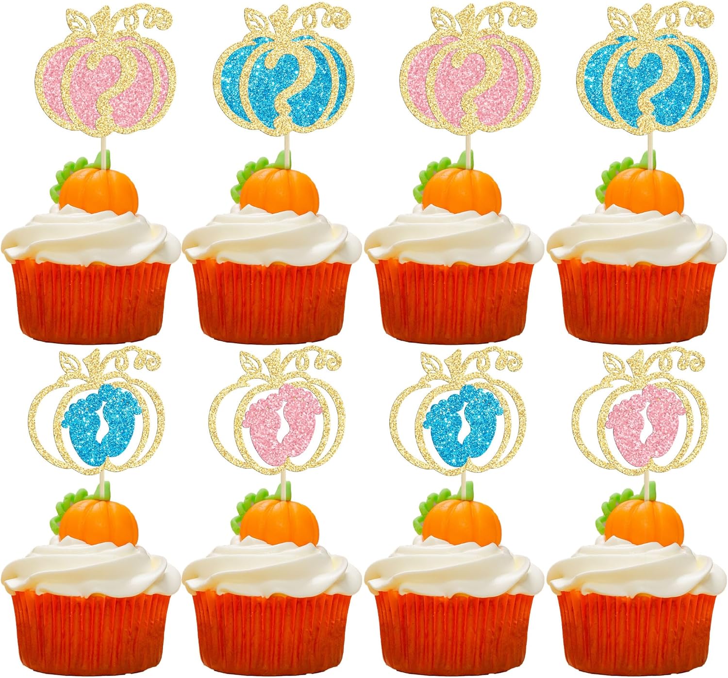24 piezas de calabaza revelación de género para cupcakes con purpurina de calabaza pies de bebé, selecciones de cupcakes para niños o niñas,