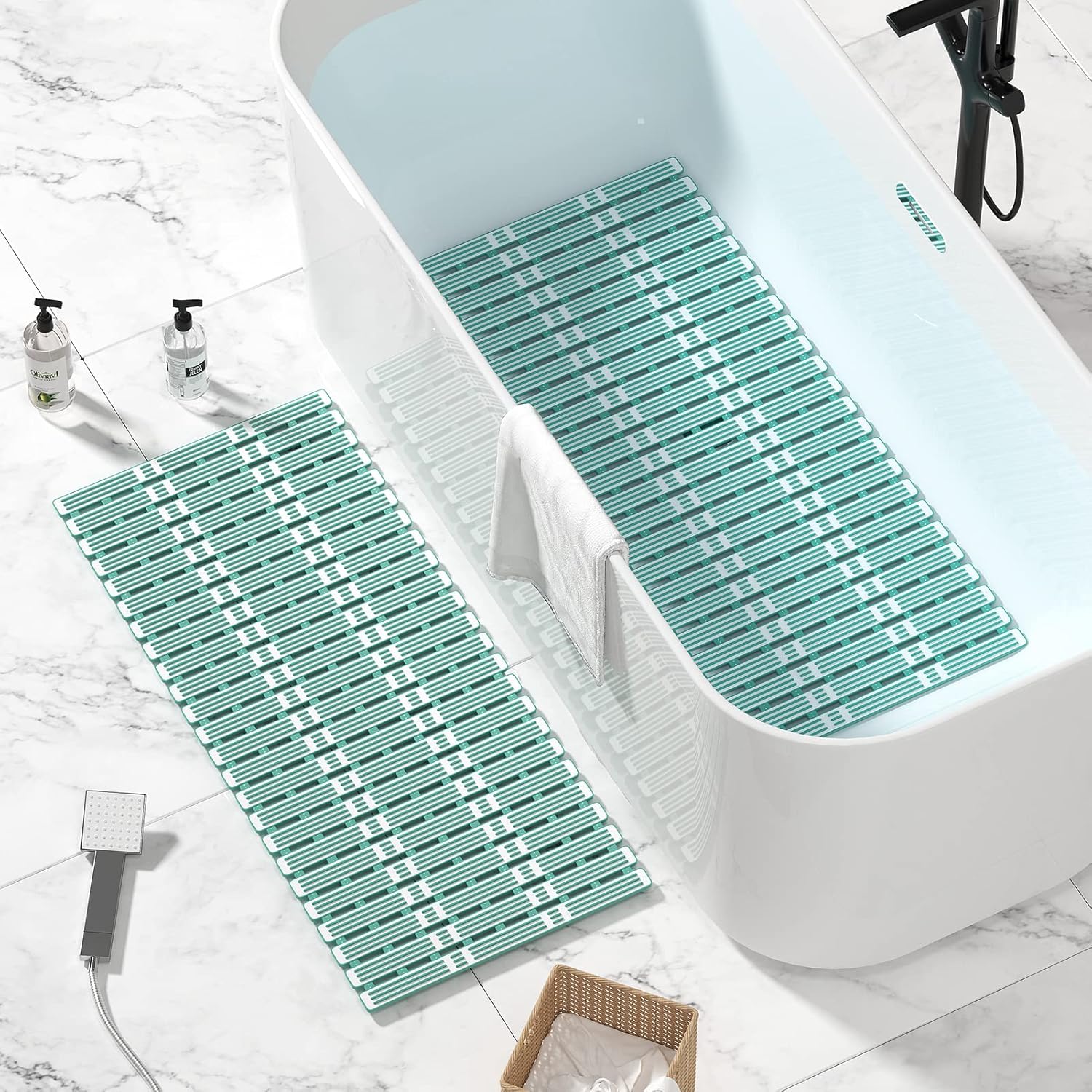 XIYUNTE Tapetes de baño de goma para bañera, 36 x 16 pulgadas, tapete de ducha antideslizante con ventosas, tapete de ducha para bañera, drenaje