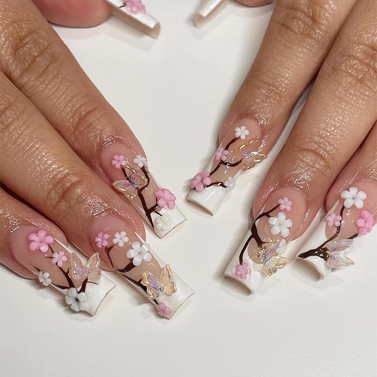 BABALAL Uñas postizas a presión de punta francesa, uñas postizas largas y cuadradas, uñas blancas con pegamento en 3D, diseño de mariposa, uñas