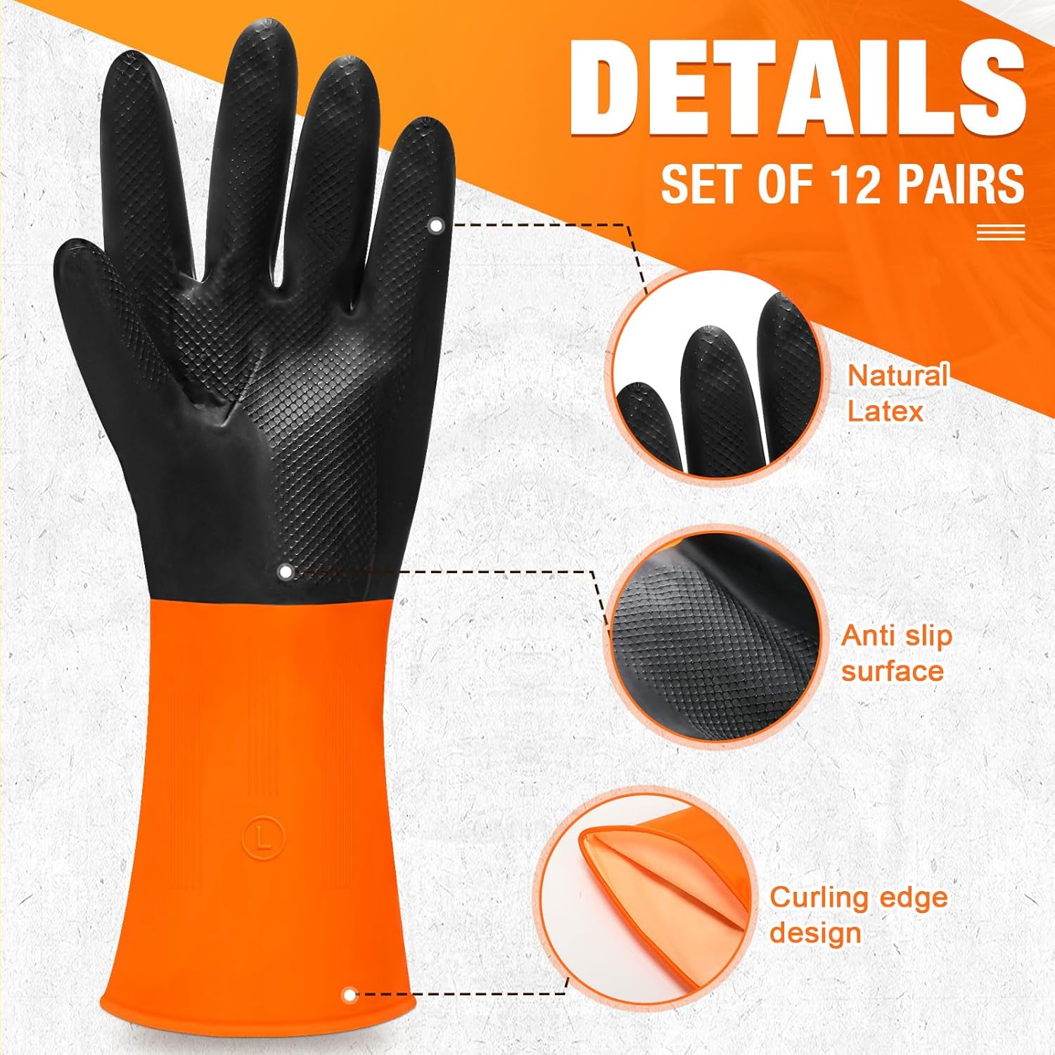 12 pares de guantes de látex industriales reutilizables resistentes a productos químicos, resistentes al ácido, aceite, álcali