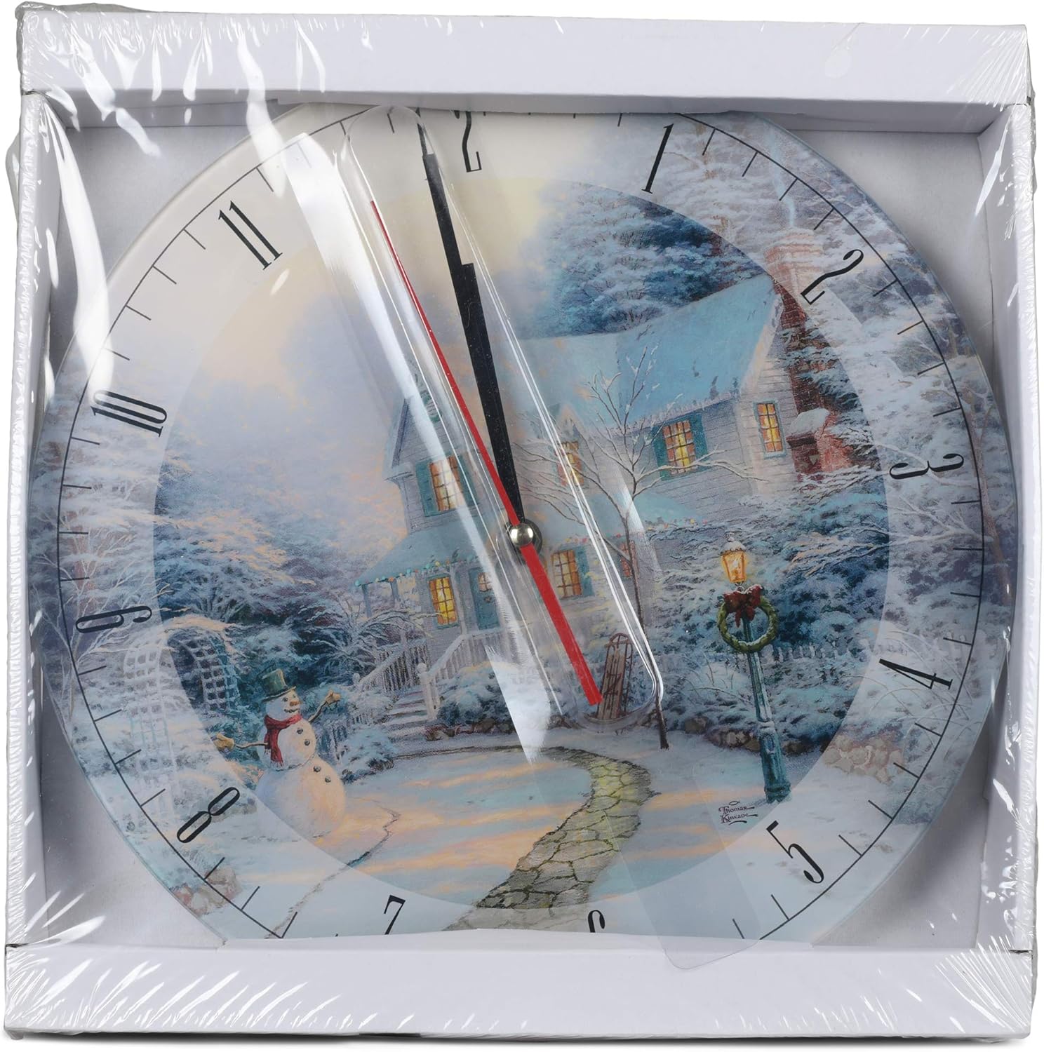 Mark Feldstein & Associates Night Before Thomas Kinkade Winter White – Reloj de pared redondo de cristal de 12 pulgadas