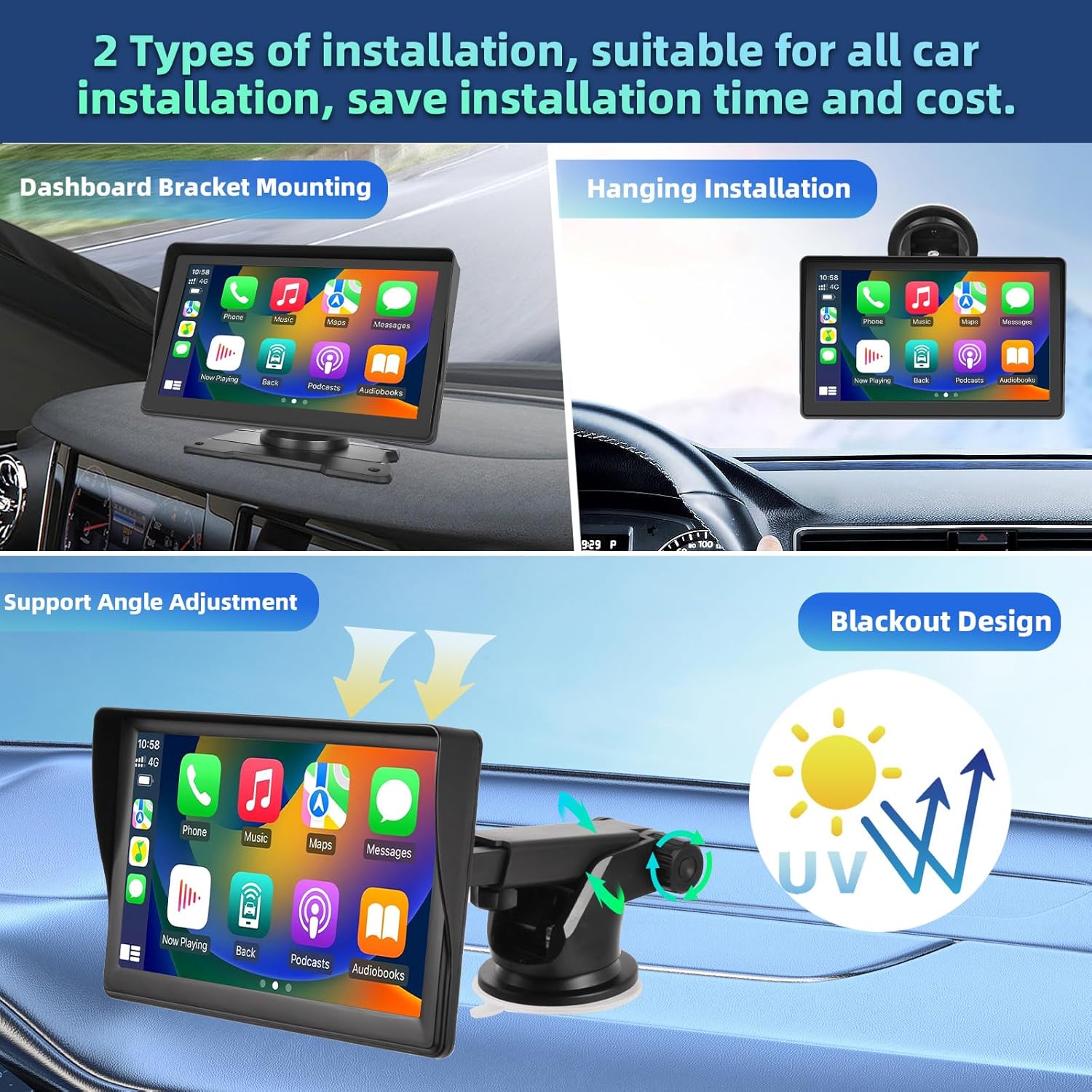 Podofo Radio estéreo portátil para coche de 7 pulgadas con Apple Carplay inalámbrico y Android Auto Bluetooth IPS HD pantalla táctil receptor de