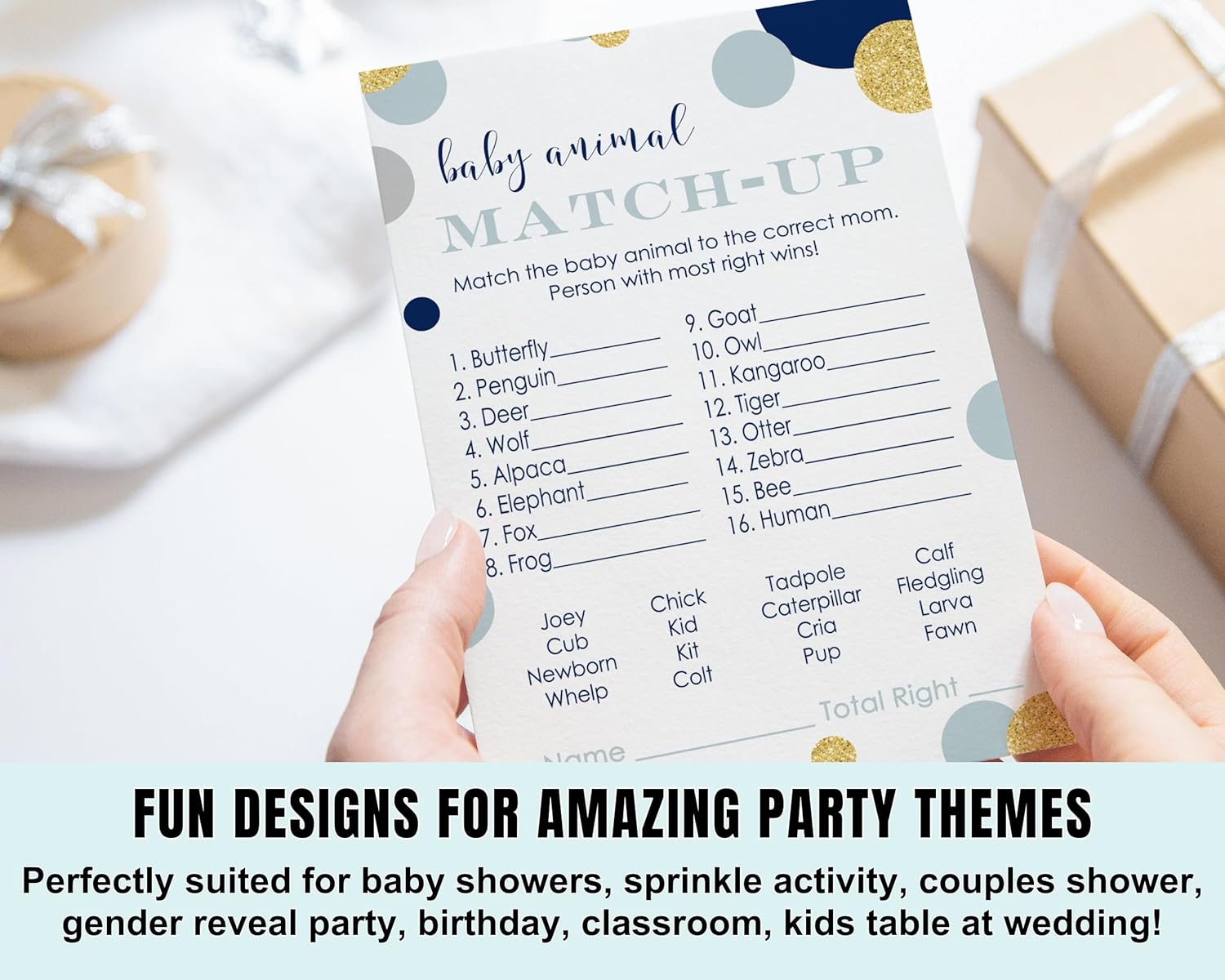 Paper Clever Party Juego de baby shower azul marino y dorado a juego de animales para todas las ocasiones, actividades divertidas de adivinanzas,