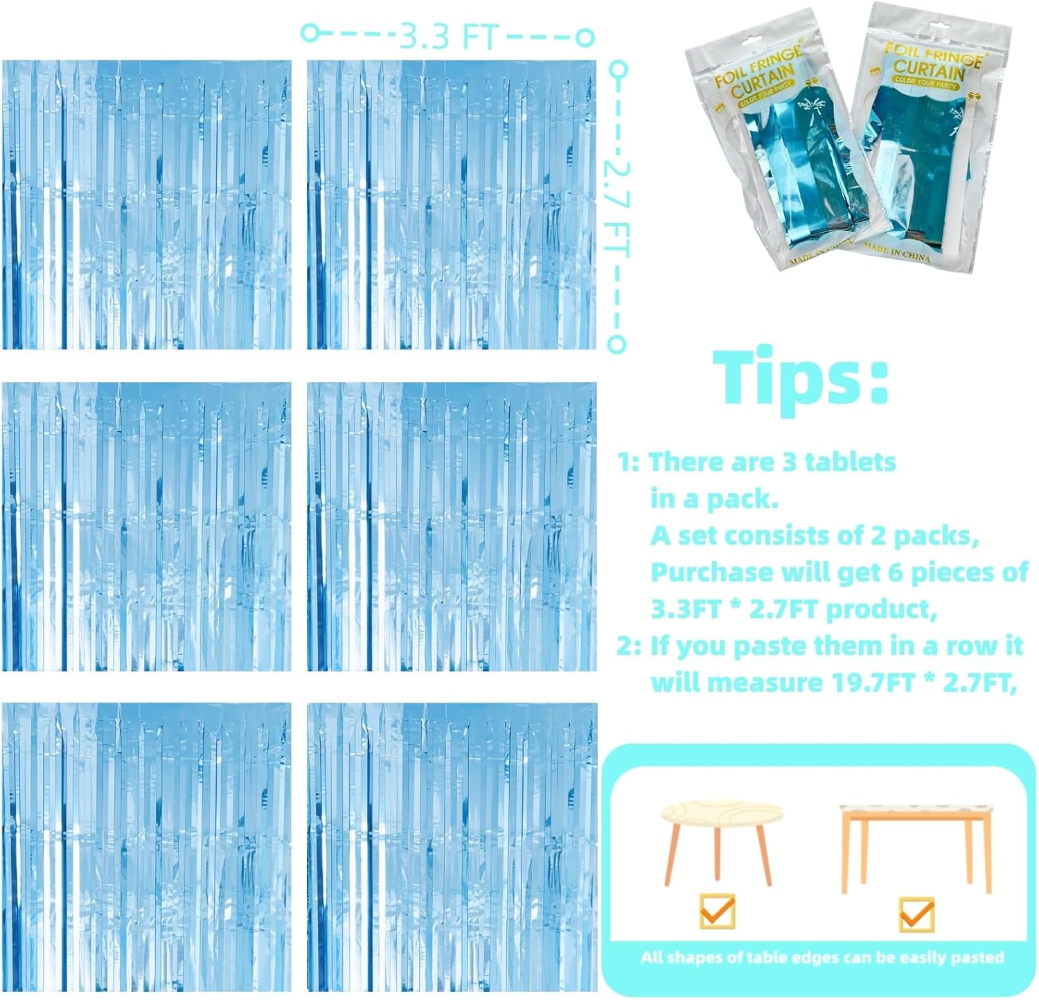 Paquete de 2 guirnaldas de falda de mesa con flecos de papel de aluminio azul claro amplio, decoración de fiesta para cumpleaños, niños, océano bajo