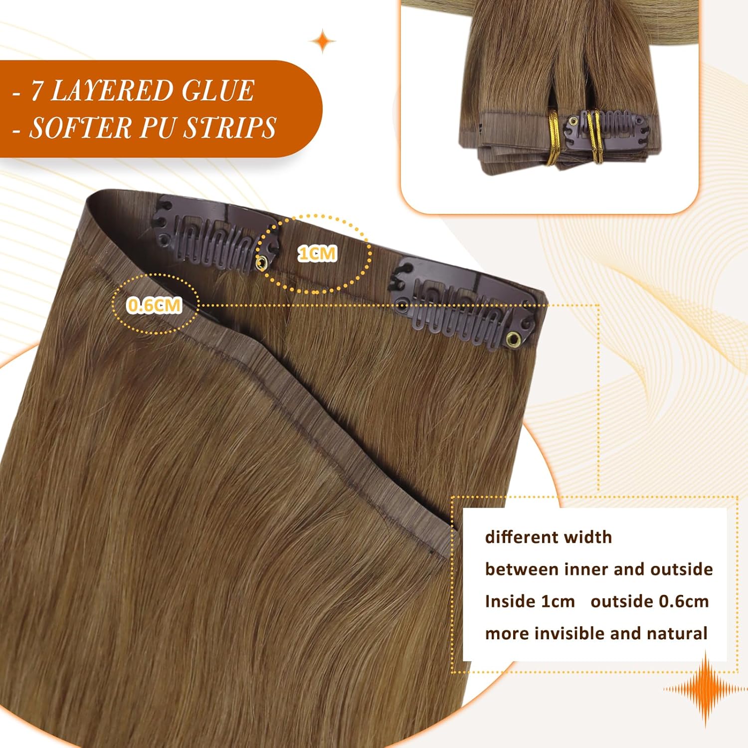 Full Shine Extensiones de cabello marrón degradado de color marrón claro a rubio, extensiones de cabello con clip sin costuras con trama de