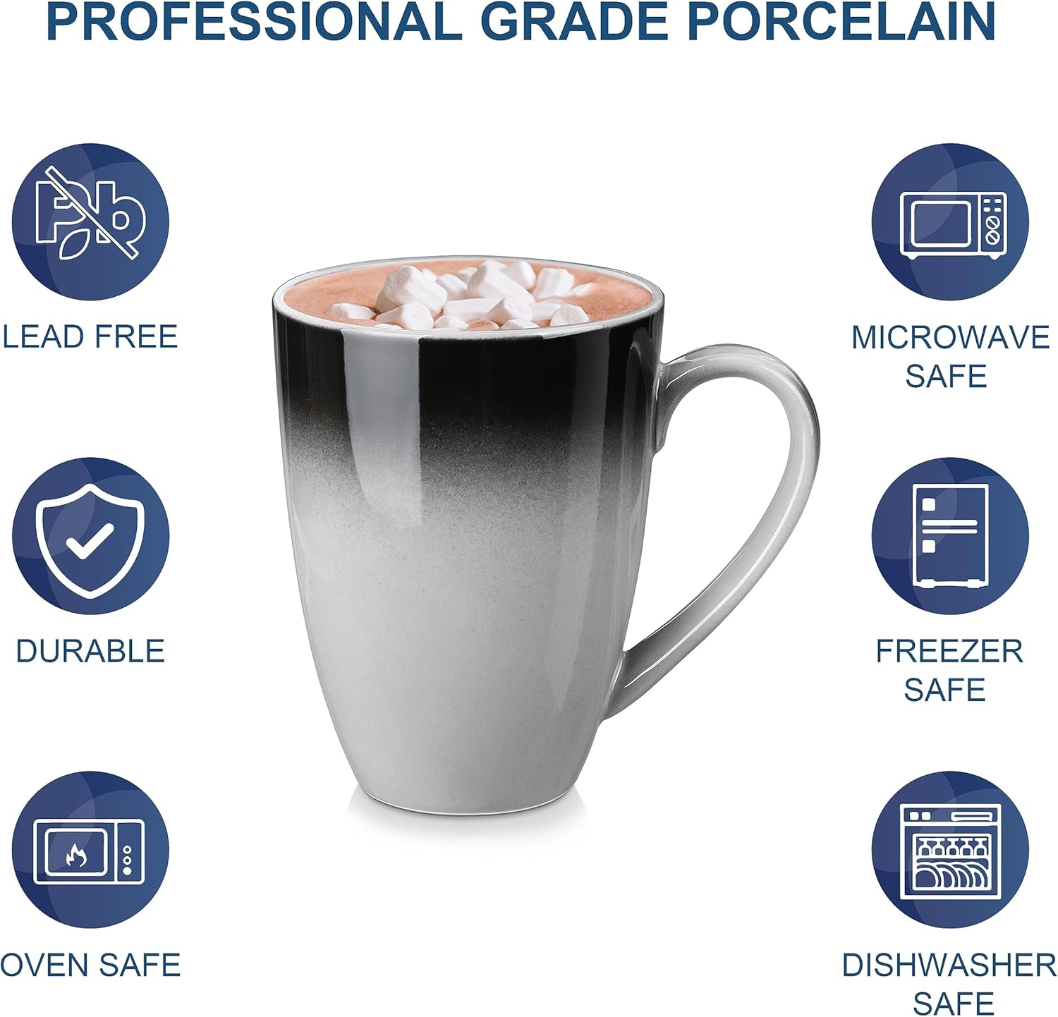 LOVECASA Juego de 4 tazas de café, tazas de porcelana de 20 onzas para café, té, cacao, capuchino, café con leche y leche, diseño de mango grande,