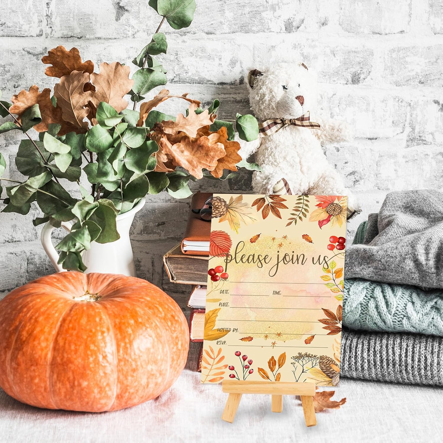 AnyDesign – Invitaciones vintage de otoño, 25 juegos de tarjetas de invitación de otoño con sobres, calcomanías de acuarela botánica en blanco para