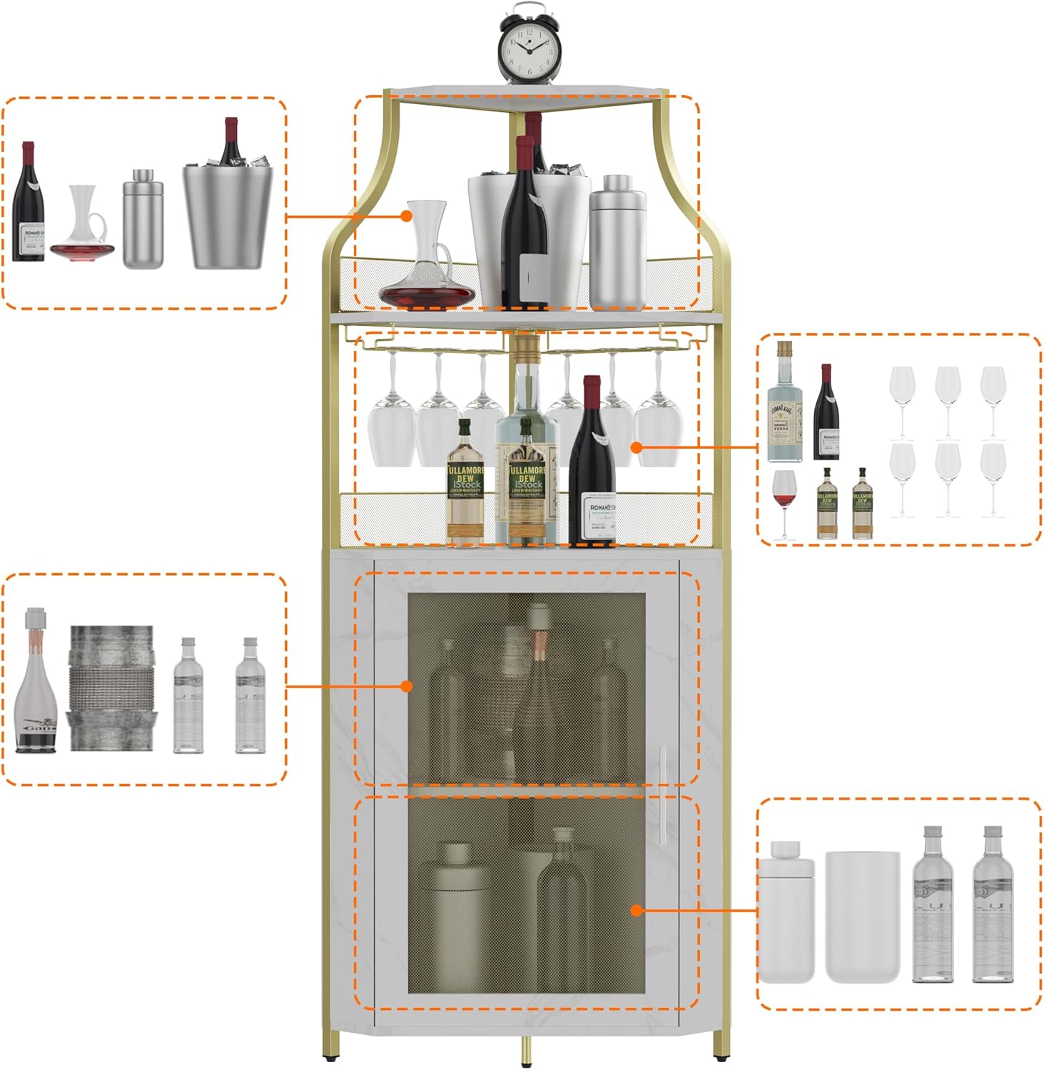 Armario esquinero para vino con estante extraíble para vino, gabinete de bar para copas de vino con estante de vidrio y puerta de malla, gabinete de